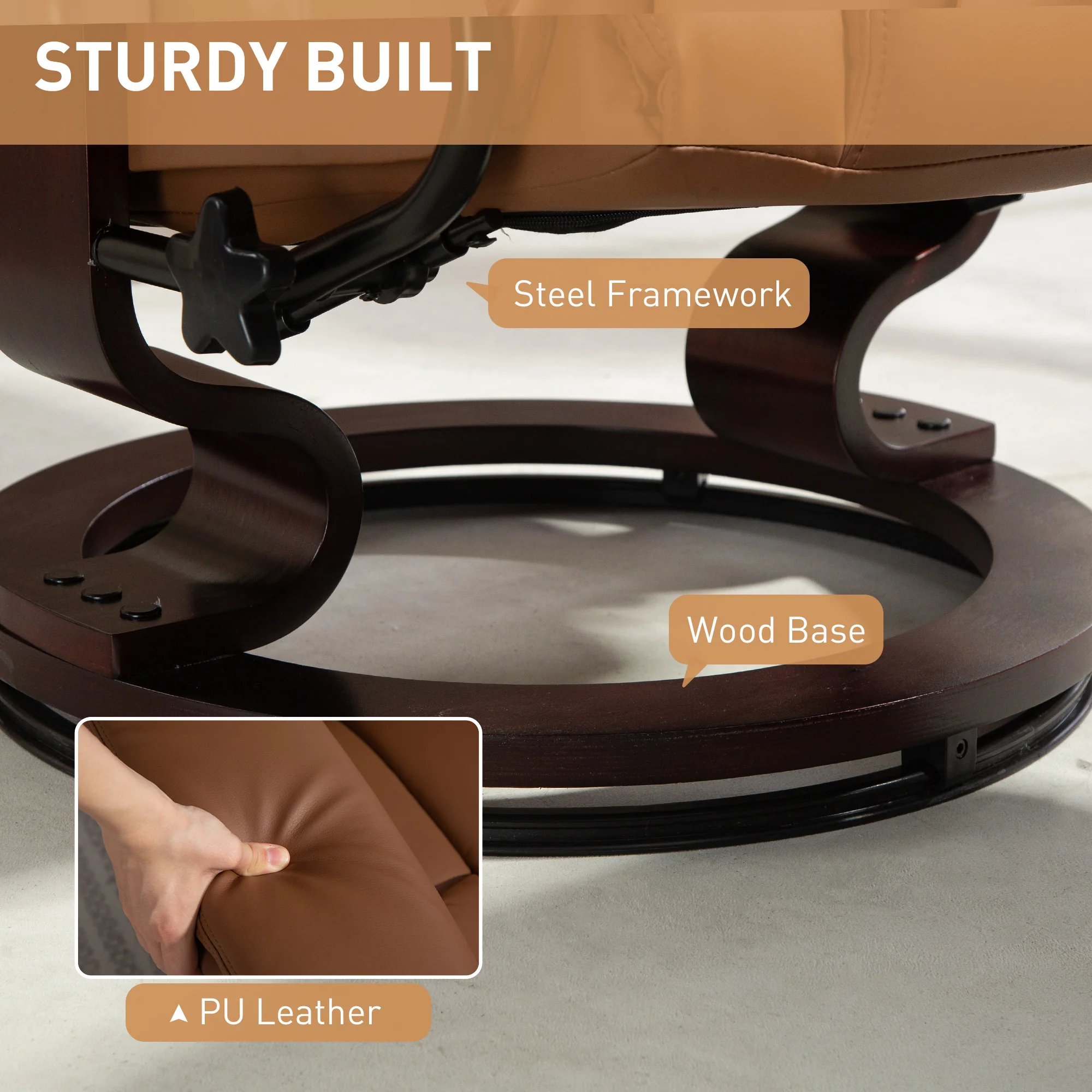 HOMCOM PU Leather Manual Reclining Armchair Footstool Padded Seat Brown - Image 4