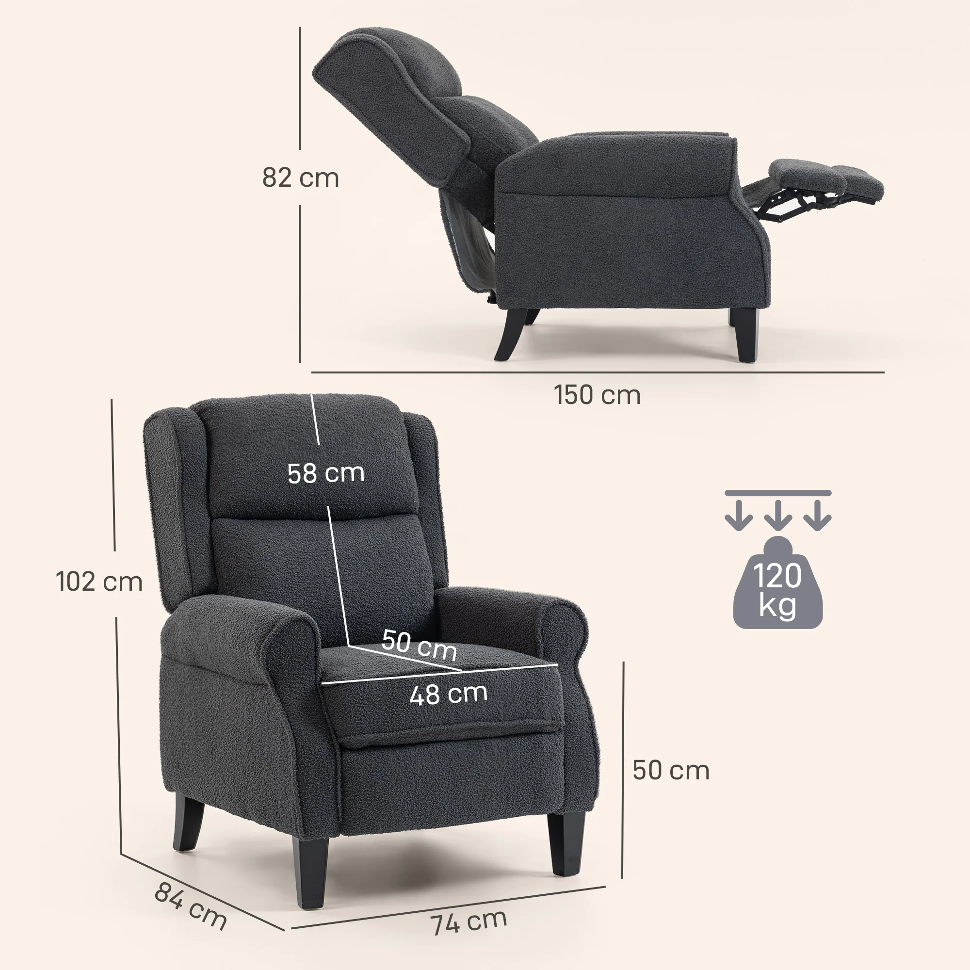 HOMCOM Recliner Armchair, Fabric Recliner Chair, Charcoal Grey - Image 5