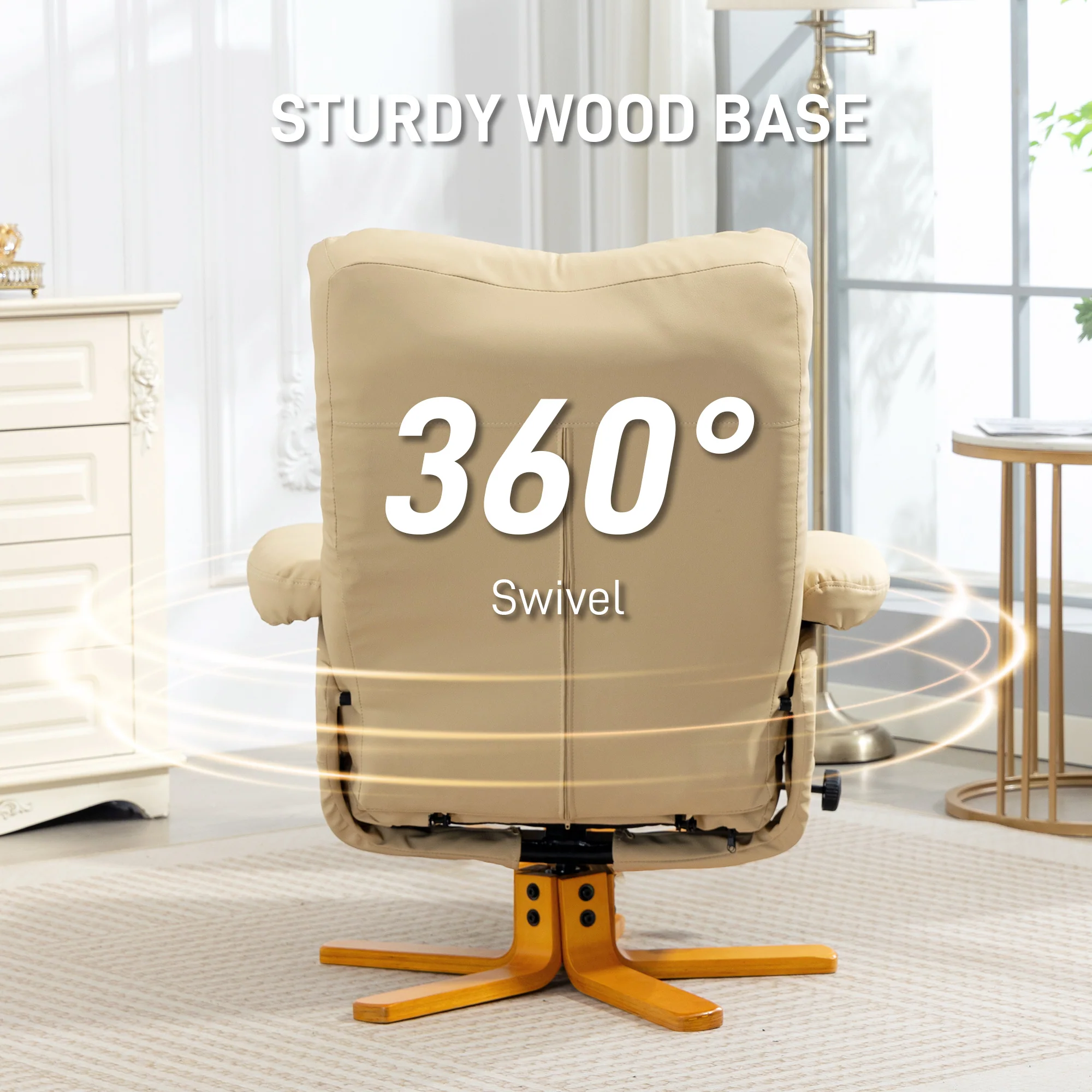 HOMCOM Recliner Chair And Footstool PU Leather Wooden Base, Beige - Image 7