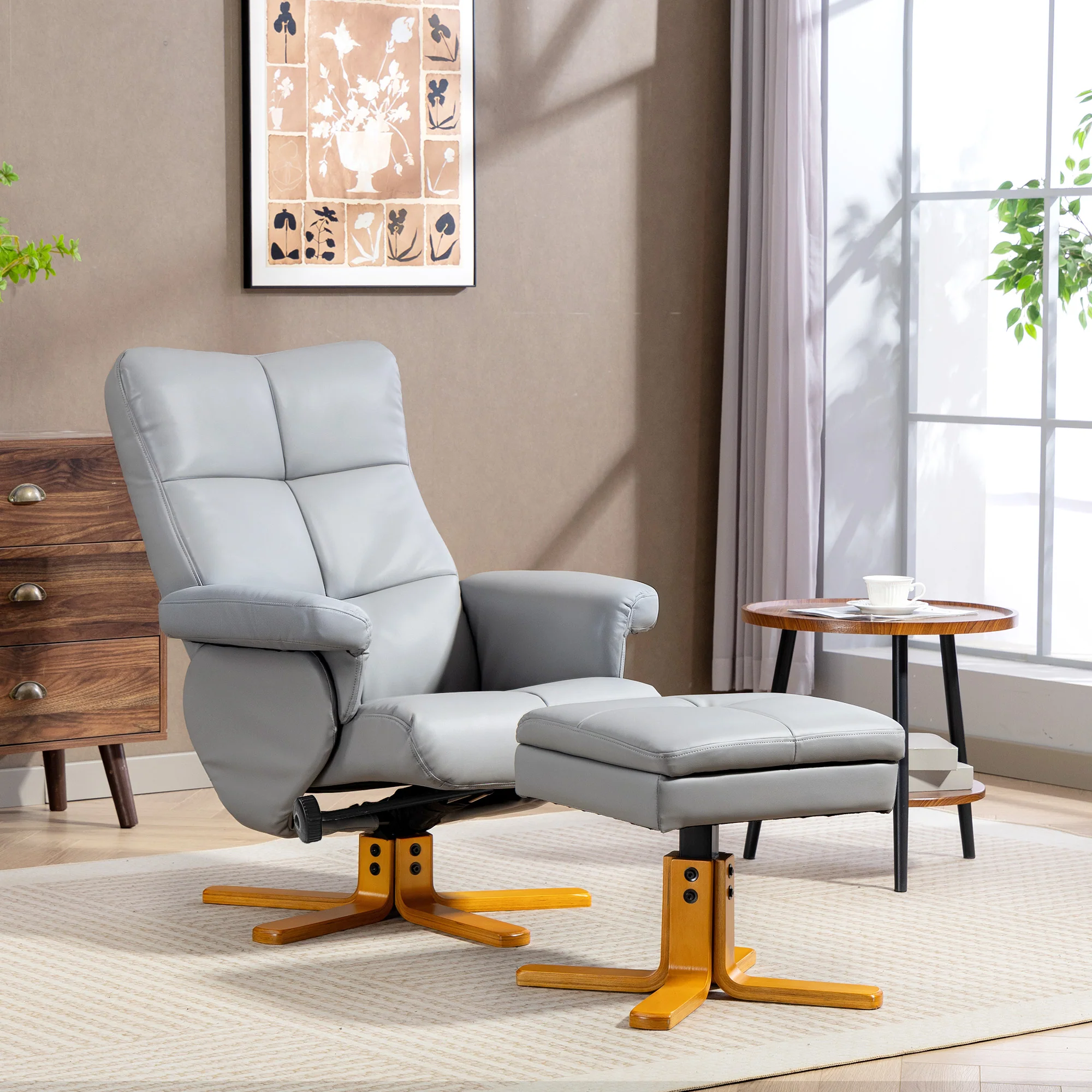 HOMCOM Recliner Chair And Footstool PU Leather Wooden Base, Light Grey - Image 2