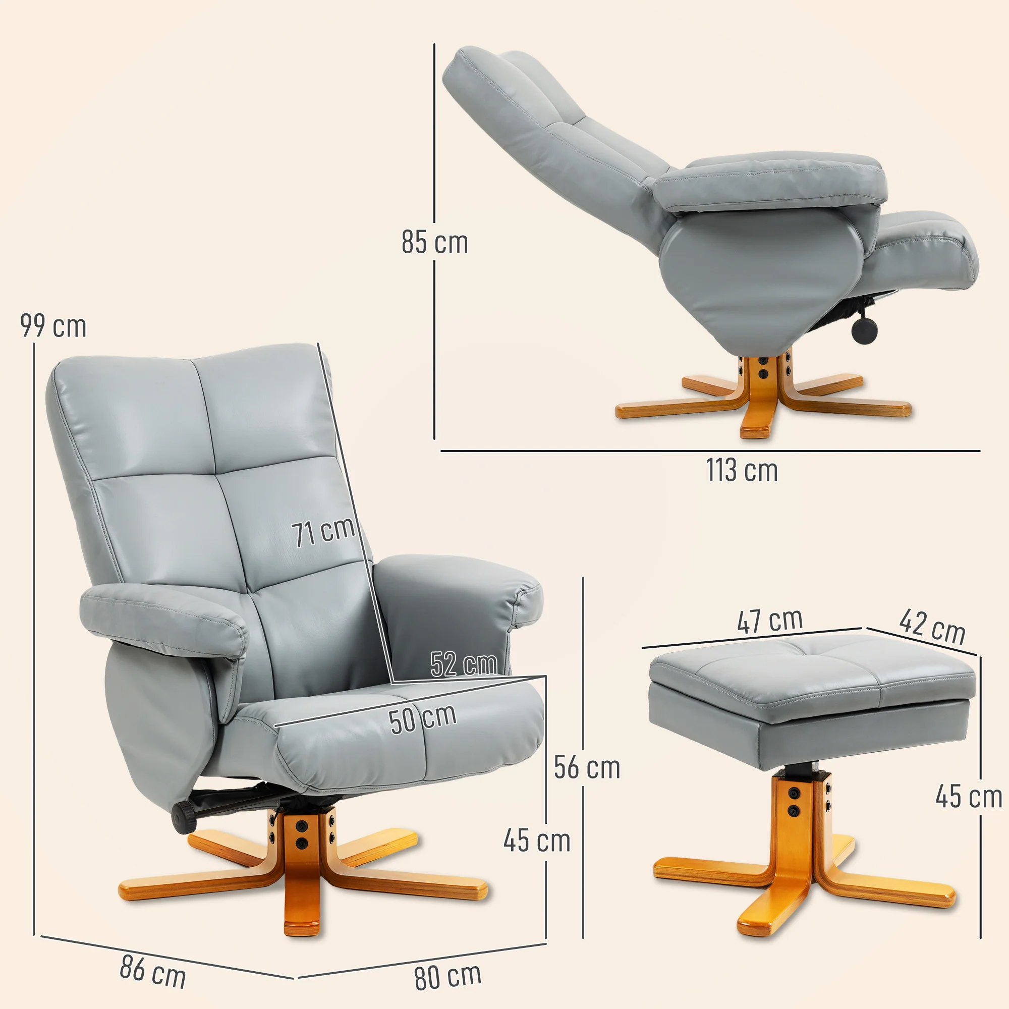 HOMCOM Recliner Chair And Footstool PU Leather Wooden Base, Light Grey - Image 5