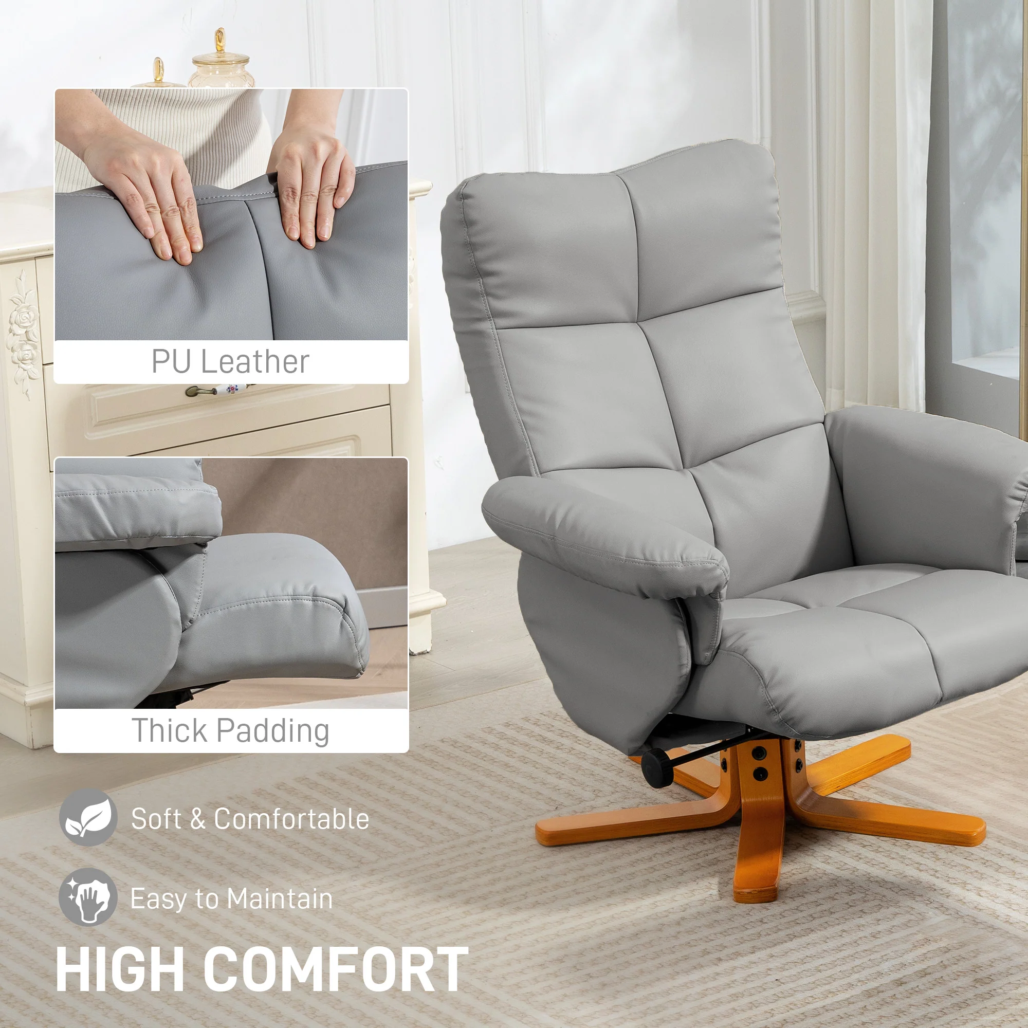 HOMCOM Recliner Chair And Footstool PU Leather Wooden Base, Light Grey - Image 6