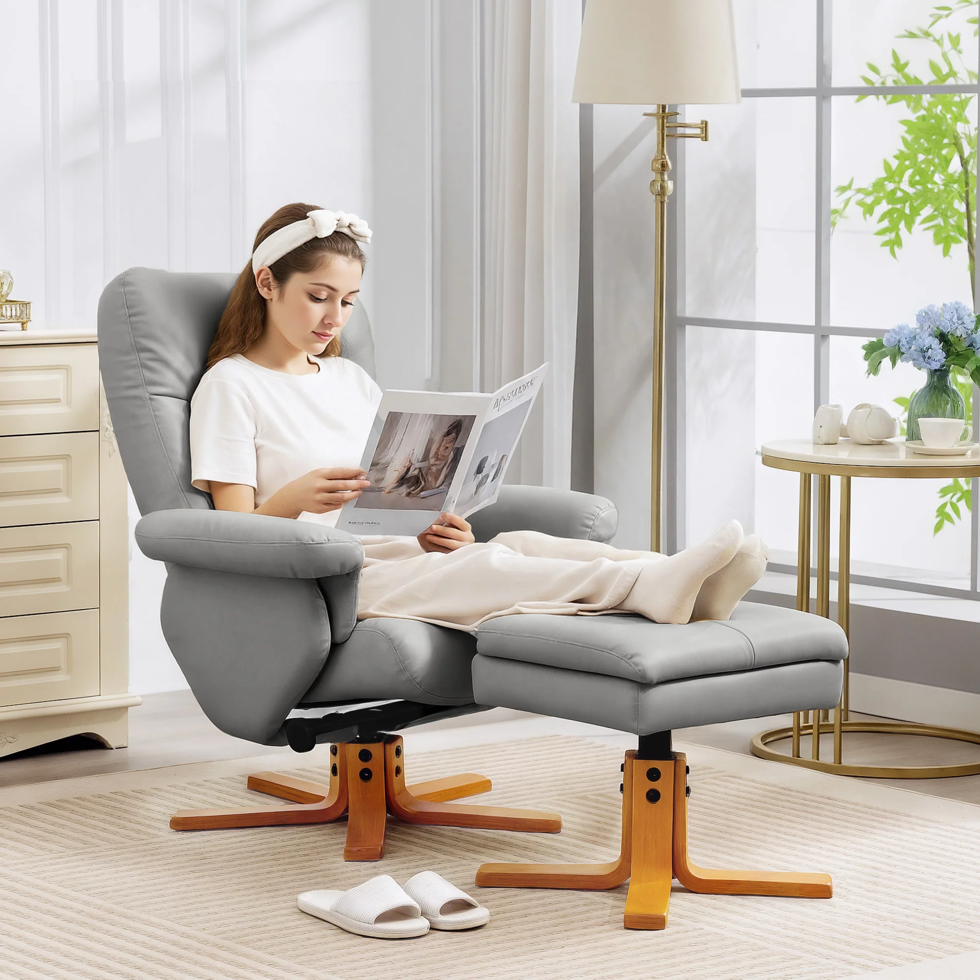 HOMCOM Recliner Chair And Footstool PU Leather Wooden Base, Light Grey - Image 8