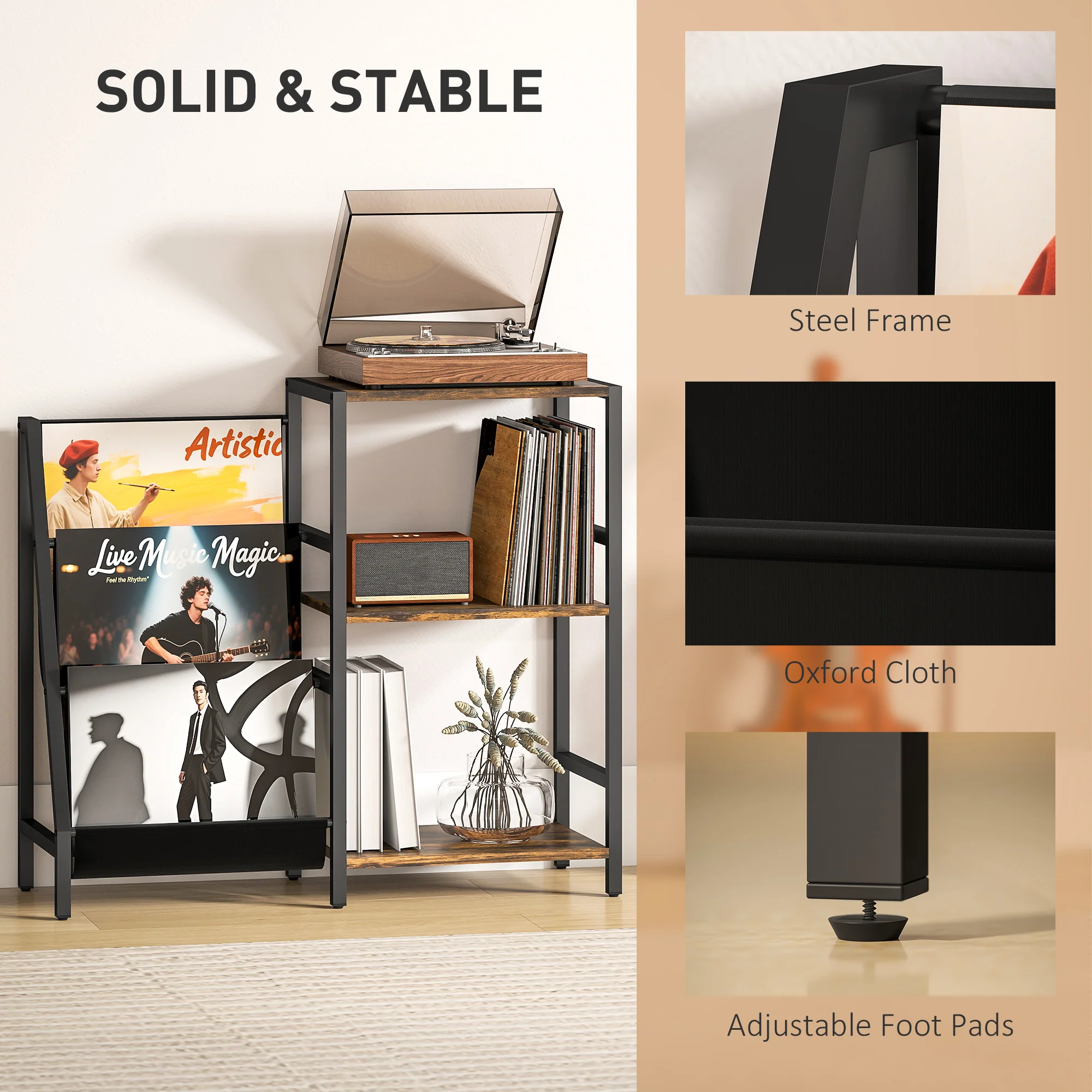 HOMCOM Record Player Stand, 3-Tier Side Table With Vinyl Record Storage - Image 15