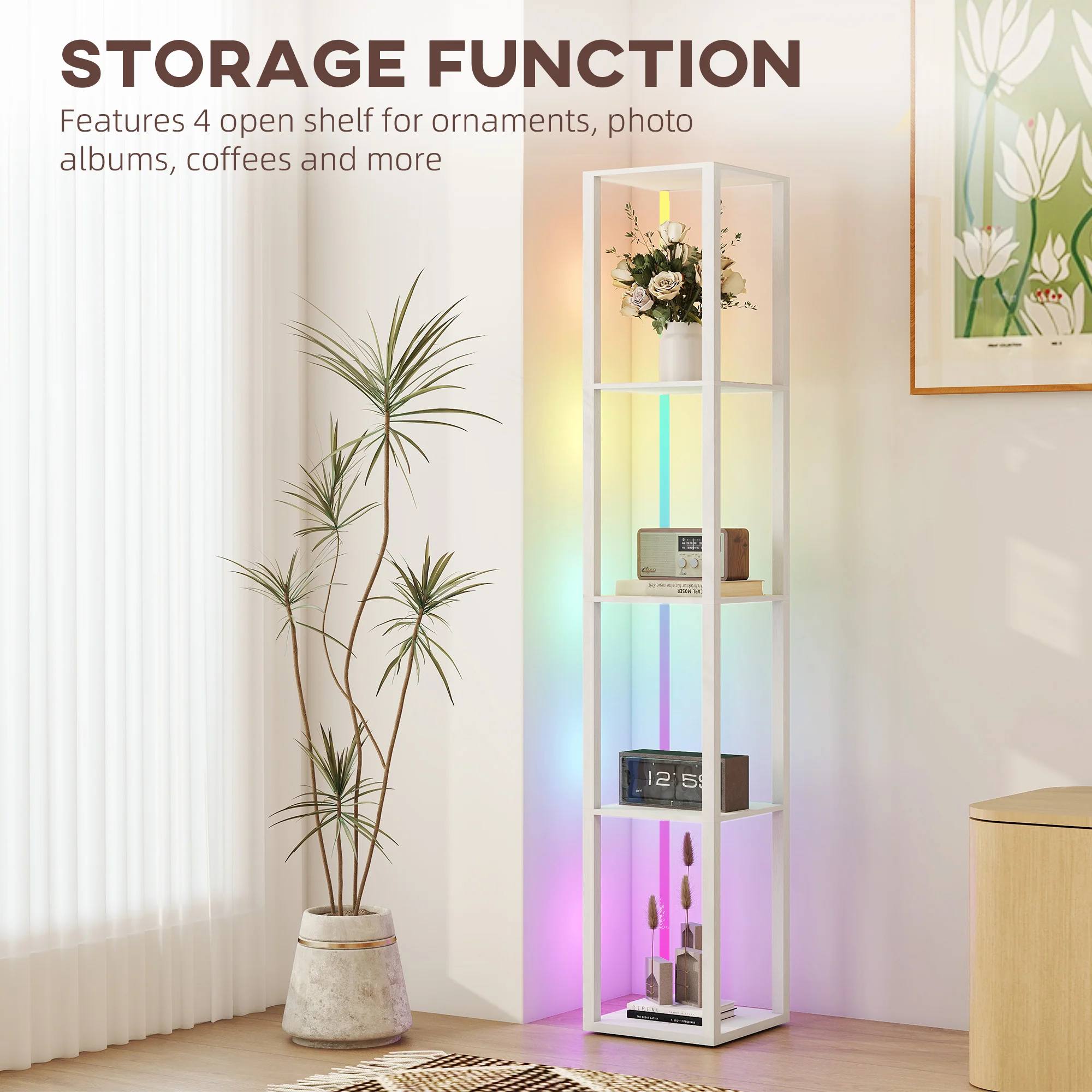 HOMCOM RGB LED Floor Lamp With Shelves And Remote Control For Bedroom - Image 49