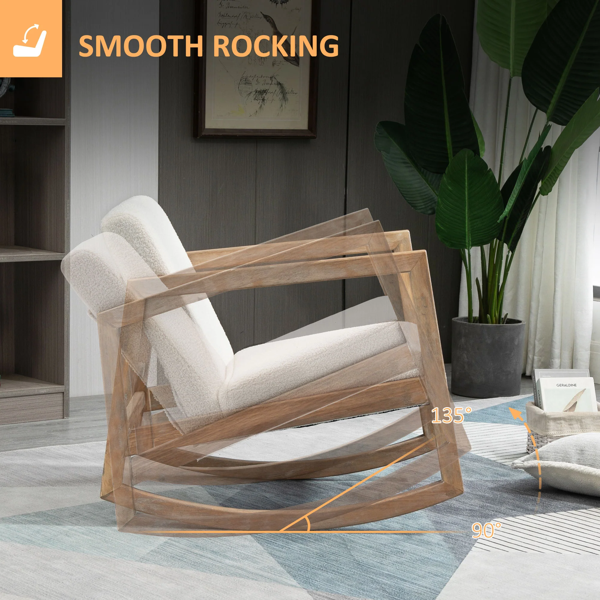 HOMCOM Rocking Chair Upholstered Armchair Wooden Accent Chair Cream - Image 4