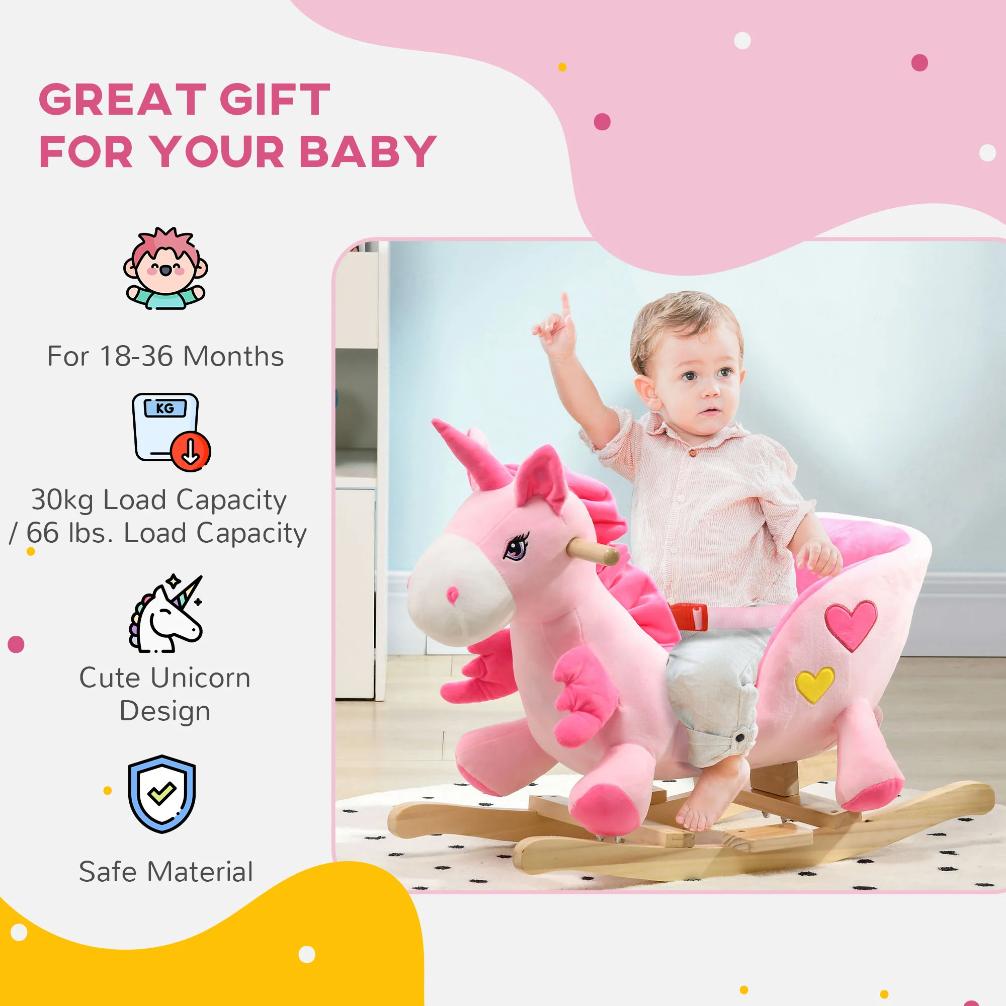 HOMCOM Rocking Horse Plush Ride On Unicorn With Songs, Seat Belt, Pink - Image 4