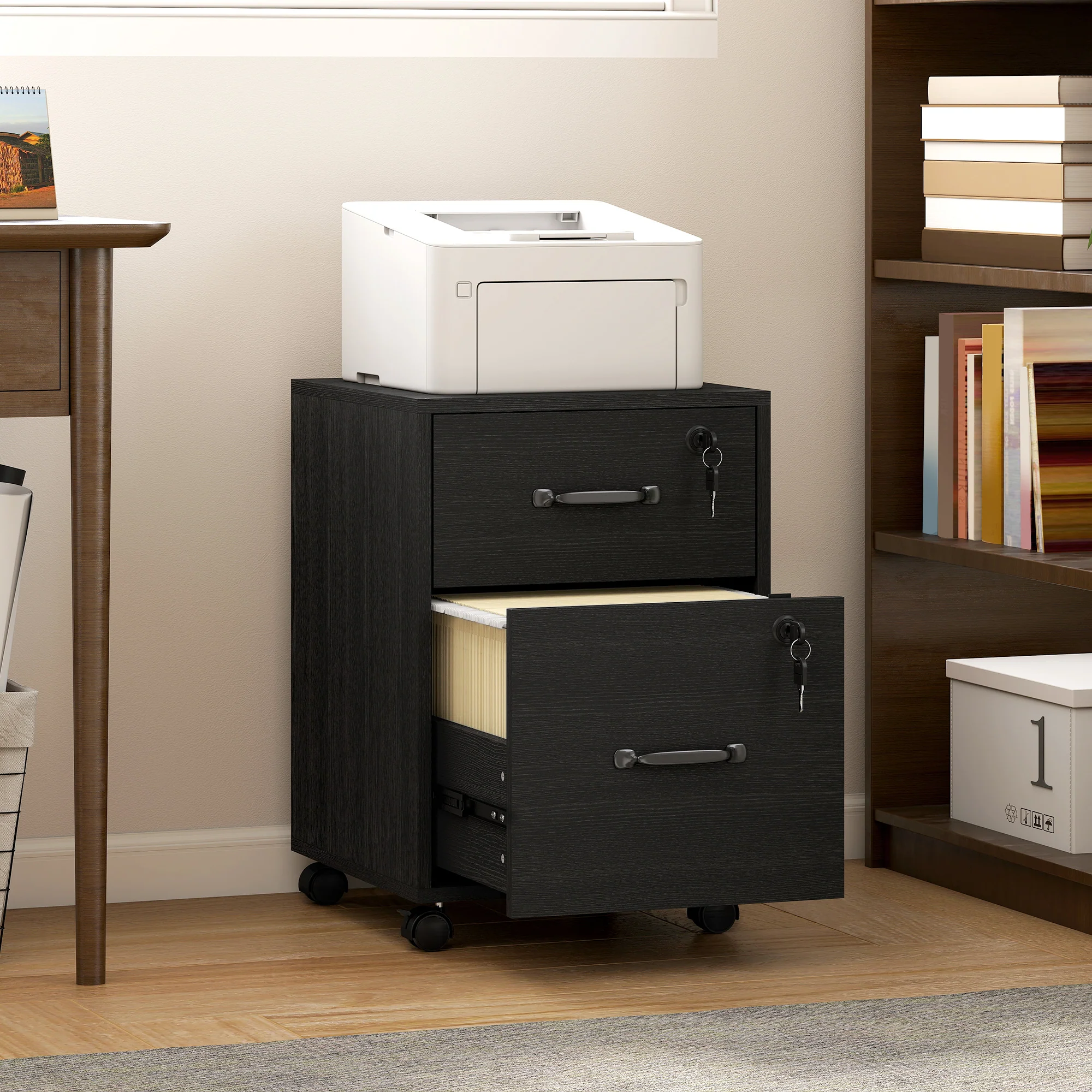 HOMCOM Roll File Cabinet with Drawer, Organiser Letter Size, Black - Image 2