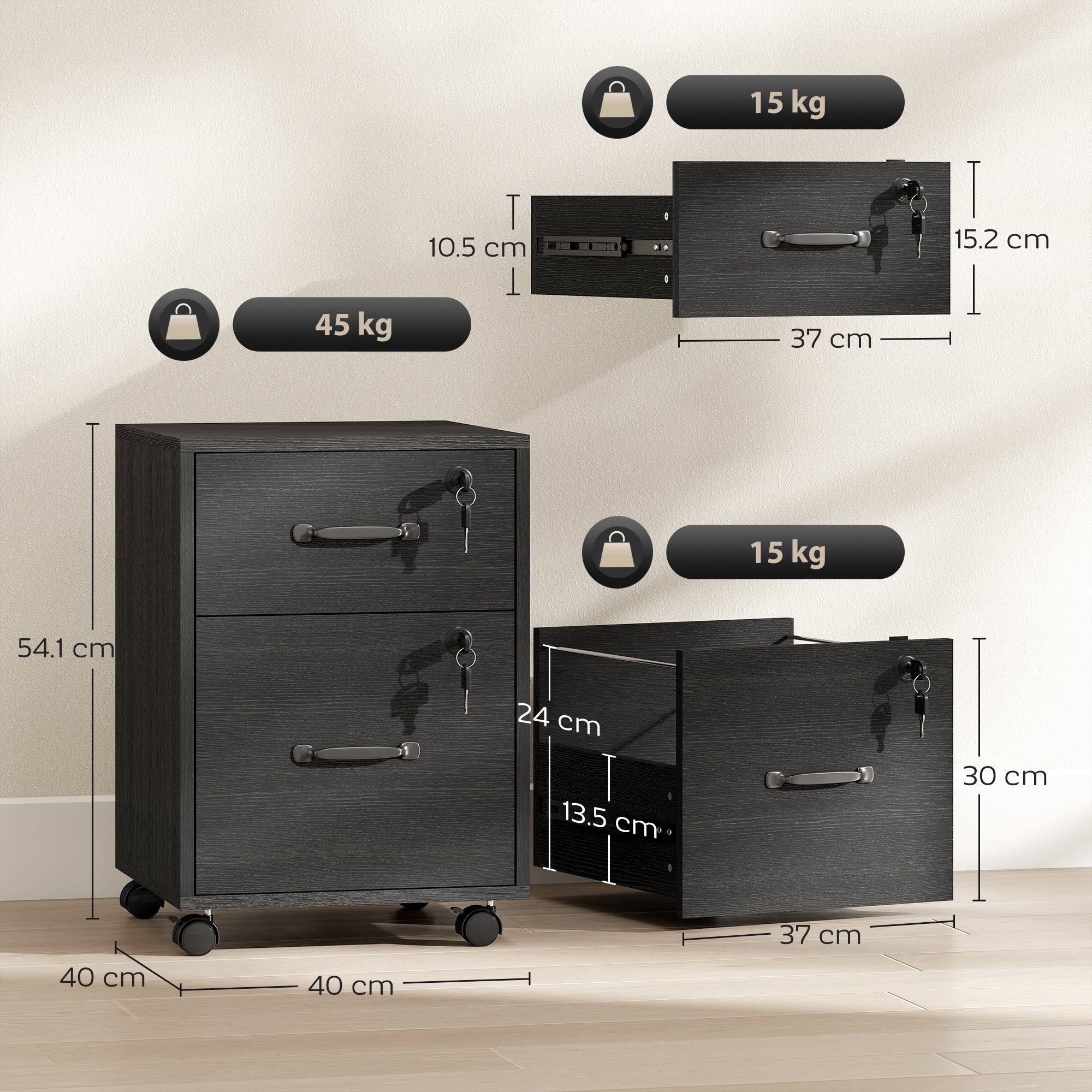 HOMCOM Roll File Cabinet with Drawer, Organiser Letter Size, Black - Image 5