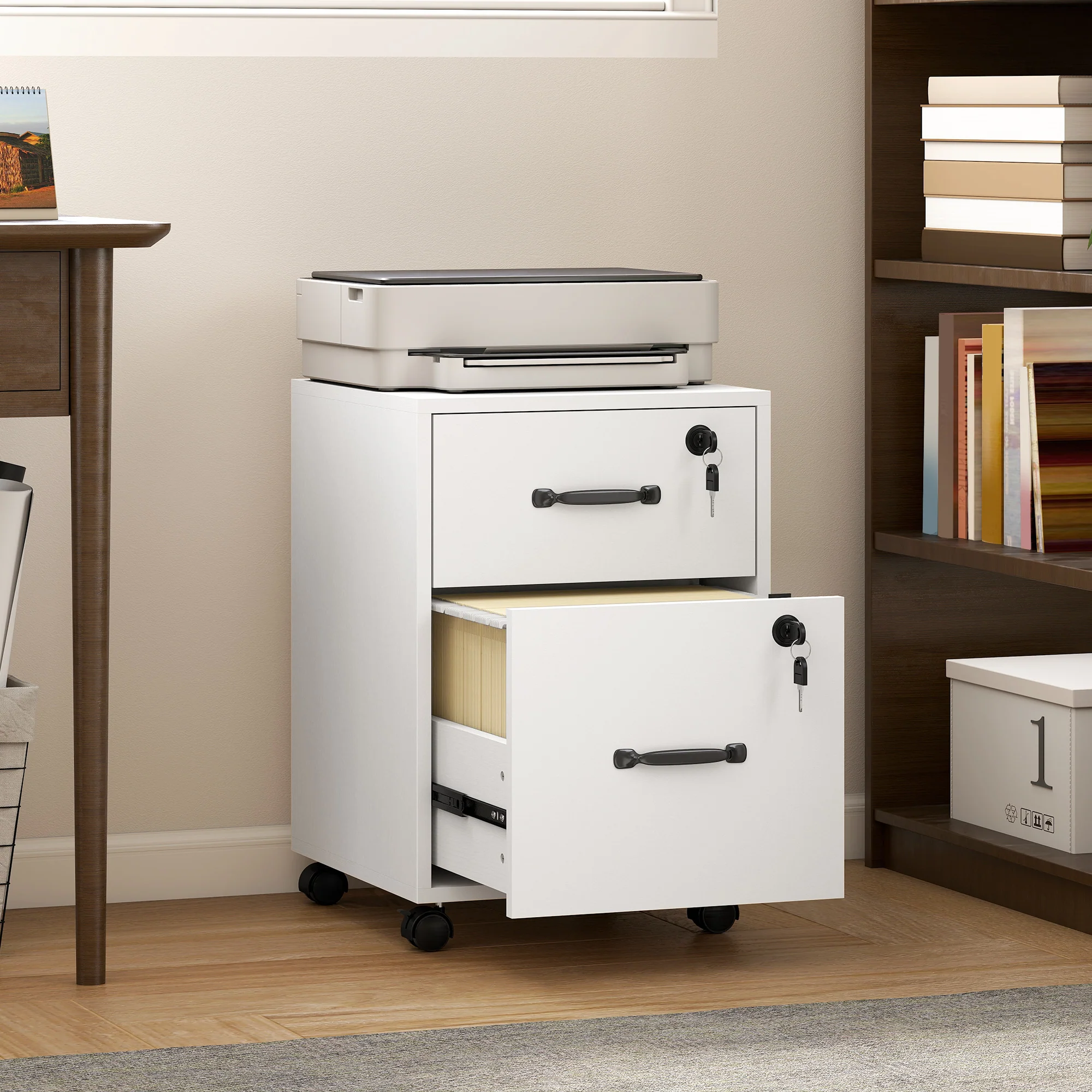 HOMCOM Roll File Cabinet with Drawer, Organiser Letter Size, White - Image 2