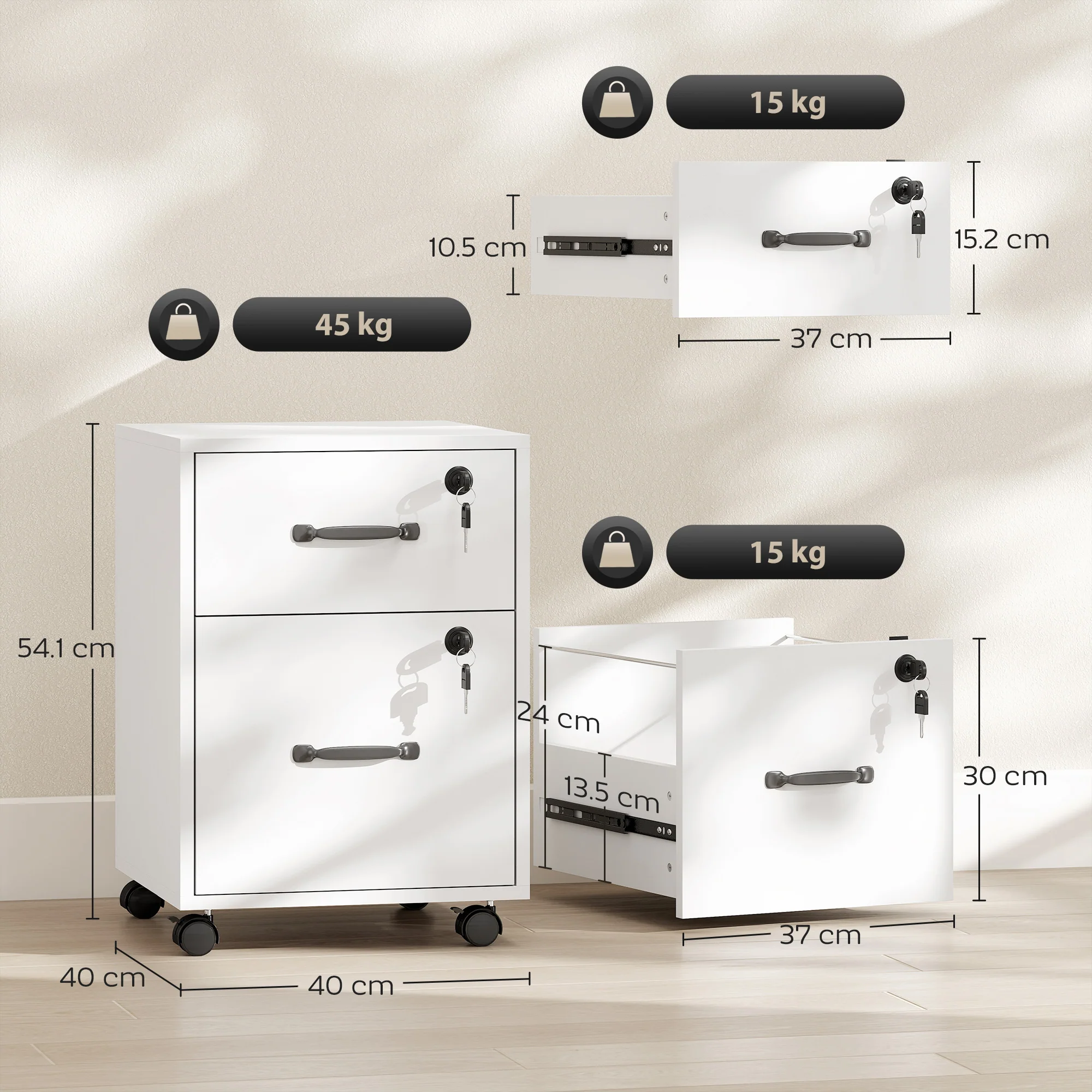 HOMCOM Roll File Cabinet with Drawer, Organiser Letter Size, White - Image 5