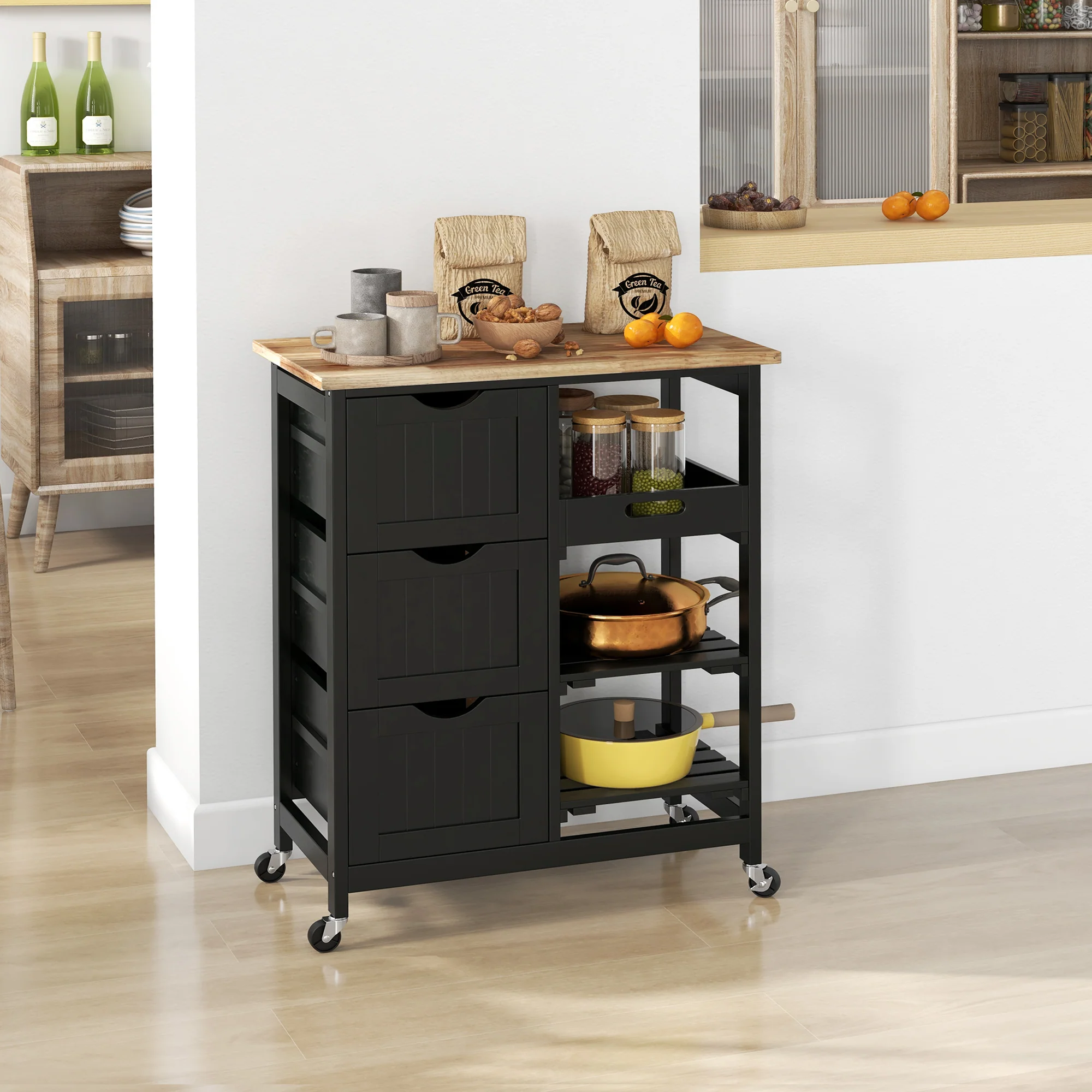 HOMCOM Rolling Kitchen Island Cart, Bar Serving Cart, Compact Trolley Black - Image 2