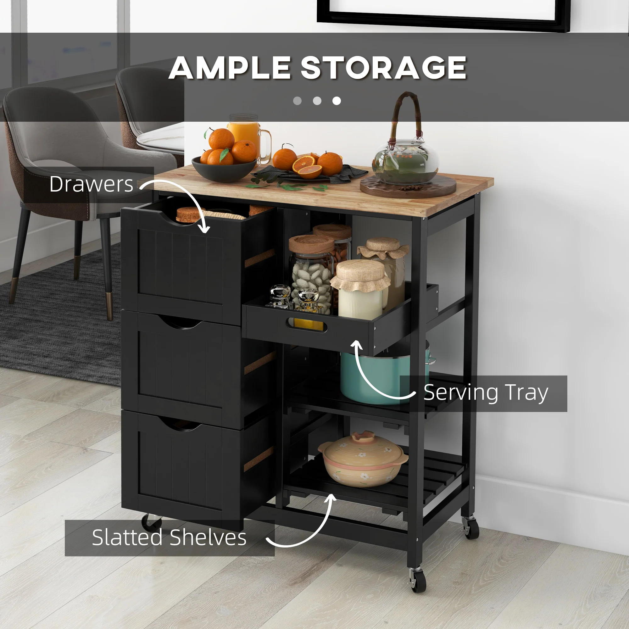 HOMCOM Rolling Kitchen Island Cart, Bar Serving Cart, Compact Trolley Black - Image 3