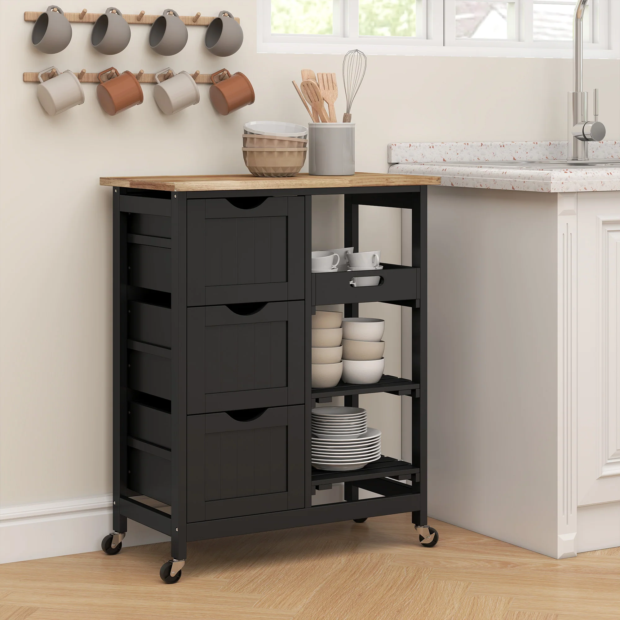 HOMCOM Rolling Kitchen Island Cart, Bar Serving Cart, Compact Trolley Black - Image 8