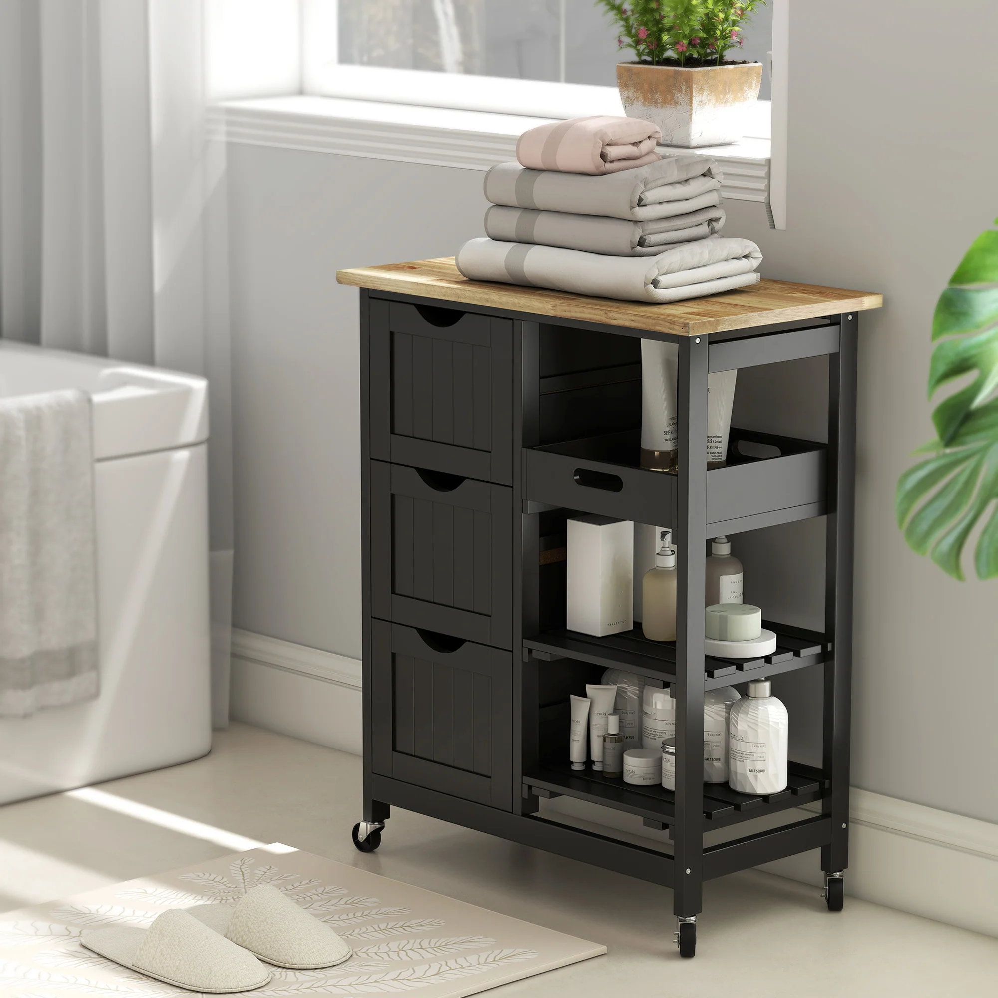 HOMCOM Rolling Kitchen Island Cart, Bar Serving Cart, Compact Trolley Black - Image 9