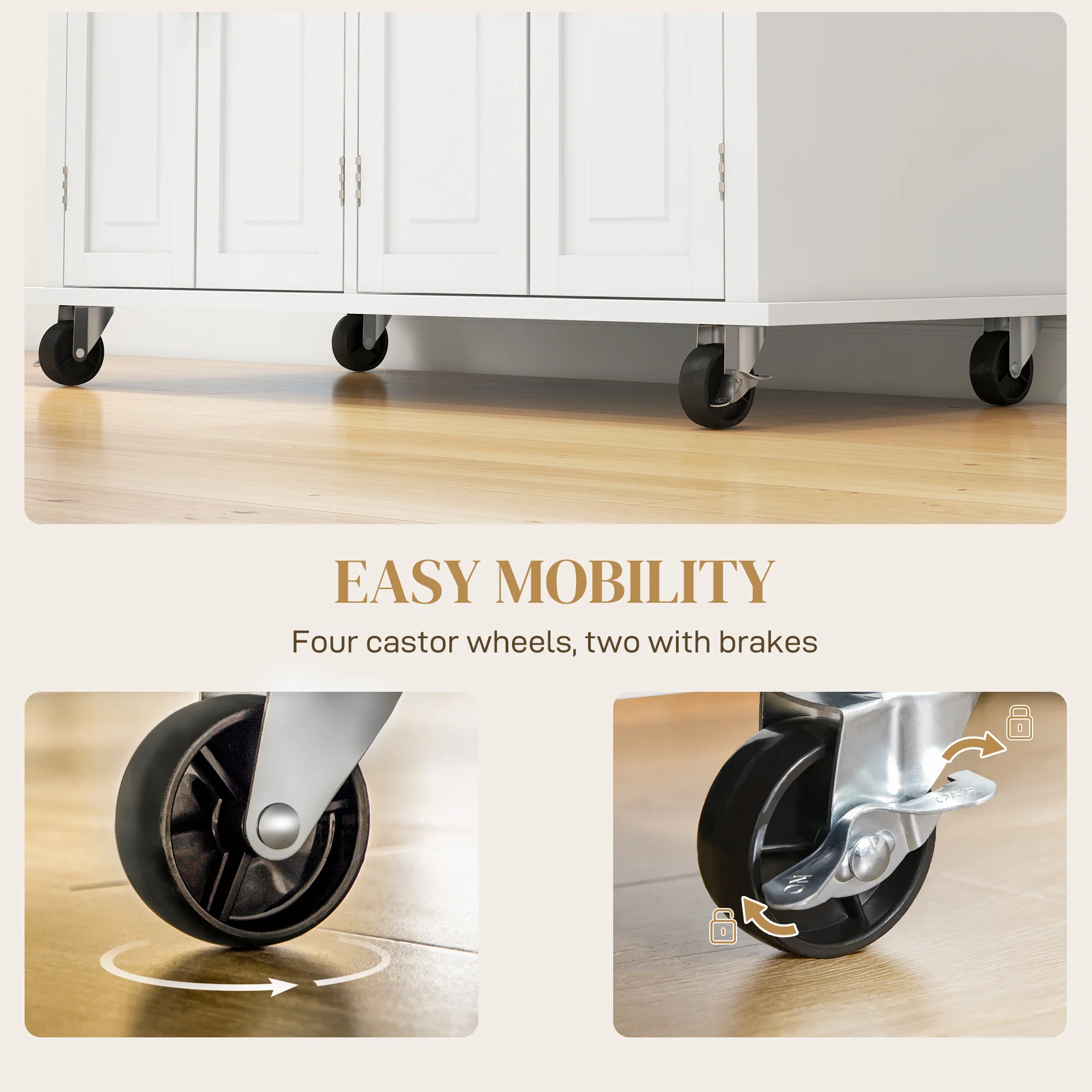 HOMCOM Rolling Kitchen Island Cart with Rubber Wood Top, Spices Cream White - Image 7