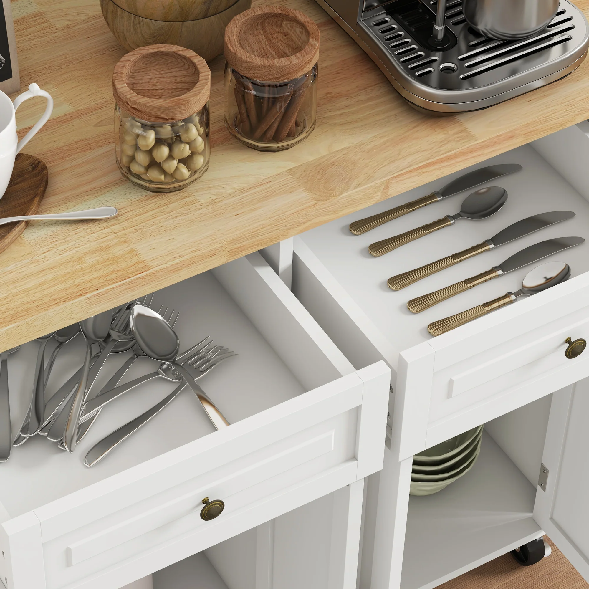 HOMCOM Rolling Kitchen Island Cart with Rubber Wood Top, Spices Cream White - Image 9