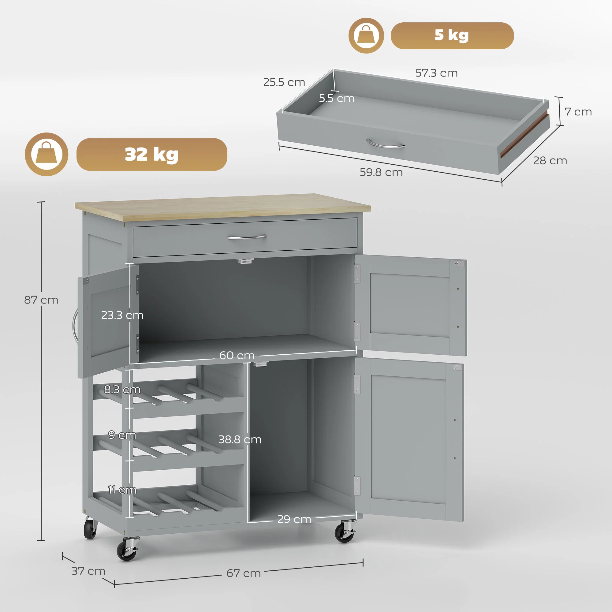 HOMCOM Rolling Kitchen Island Trolley Storage Cart w/ Rubberwood Top, Grey - Image 5