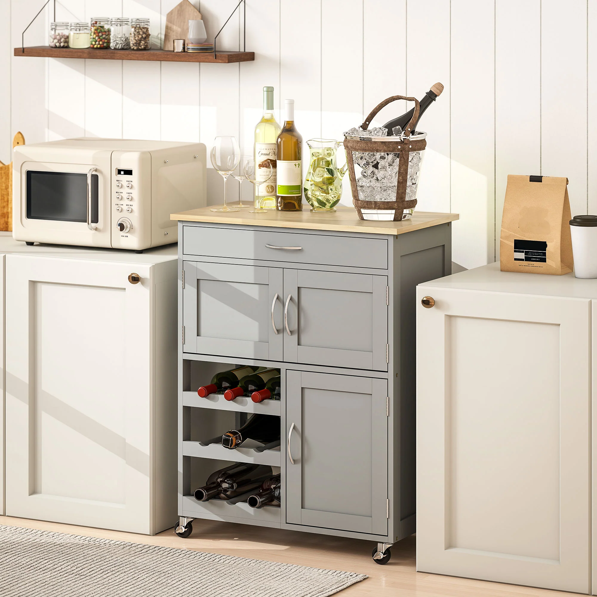 HOMCOM Rolling Kitchen Island Trolley Storage Cart w/ Rubberwood Top, Grey - Image 7