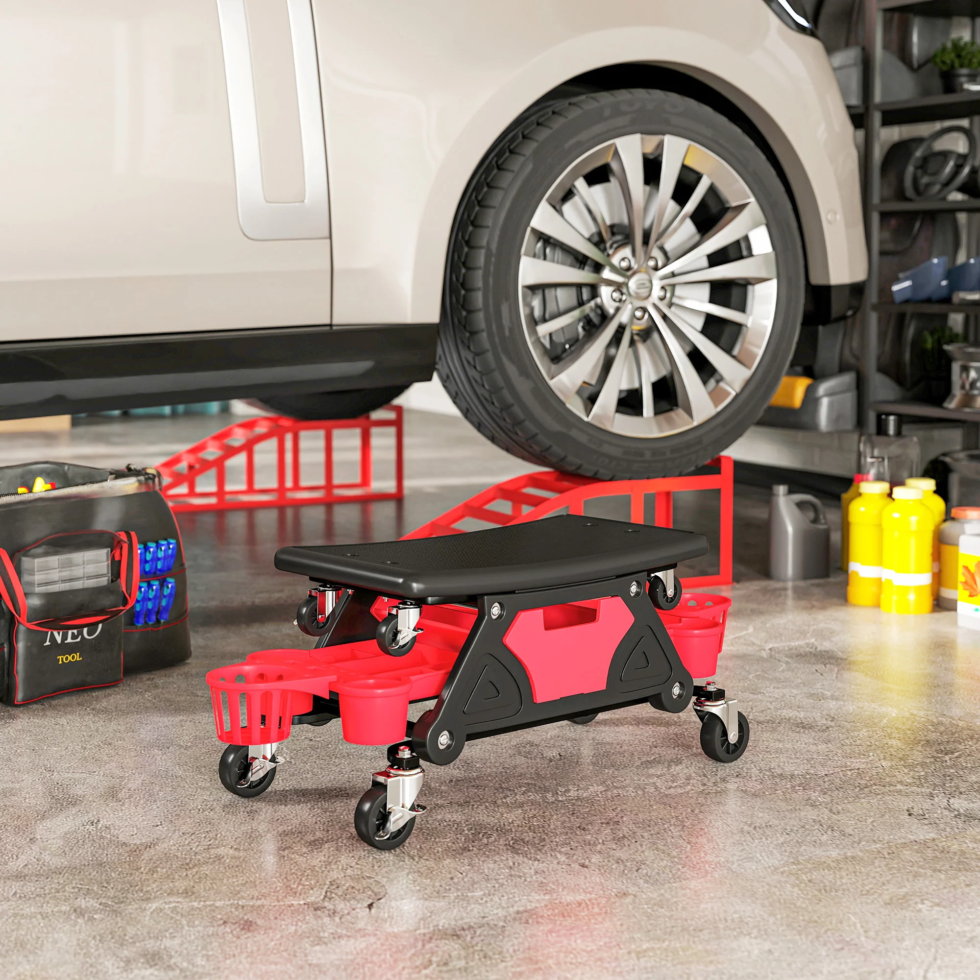 HOMCOM Rolling Mechanic Stool, 135kg Capacity Workshop Stool, Red - Image 8