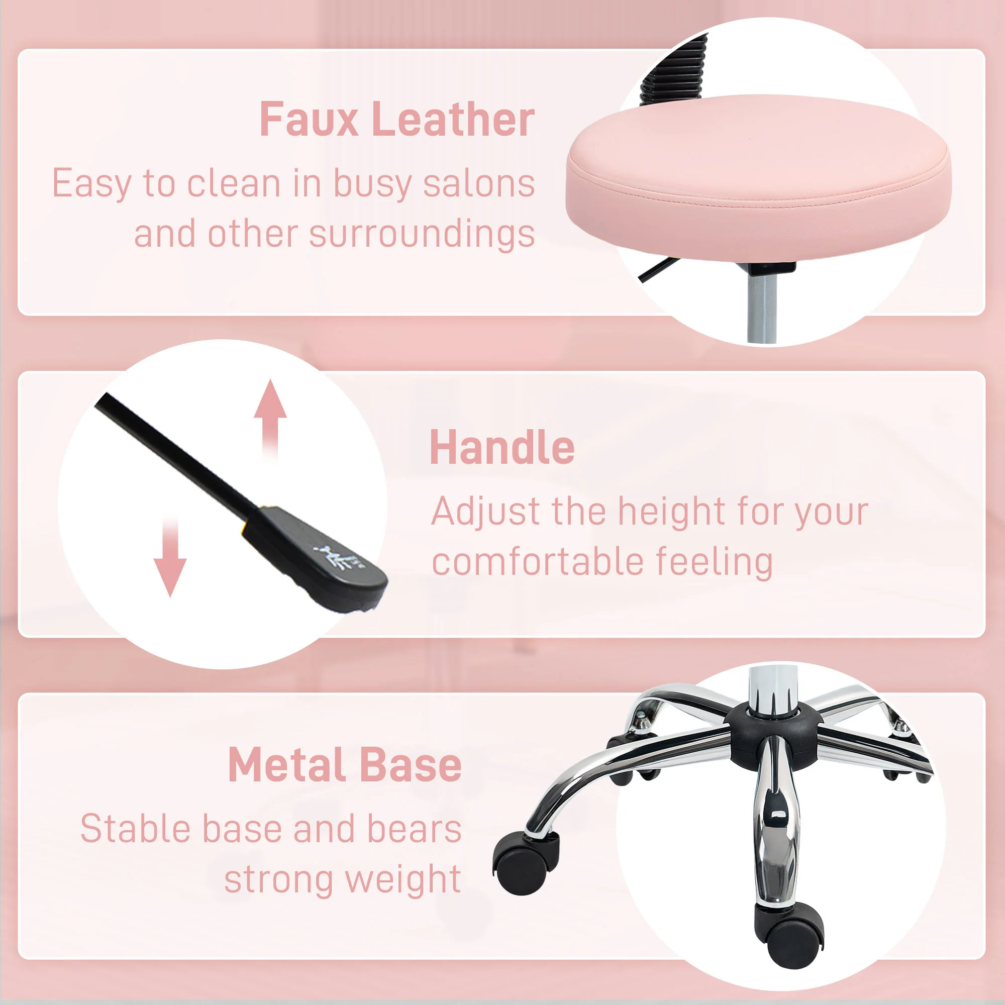 HOMCOM Rolling Stool With Backrest, Wheels, Faux Leather Salon Chair - Image 15