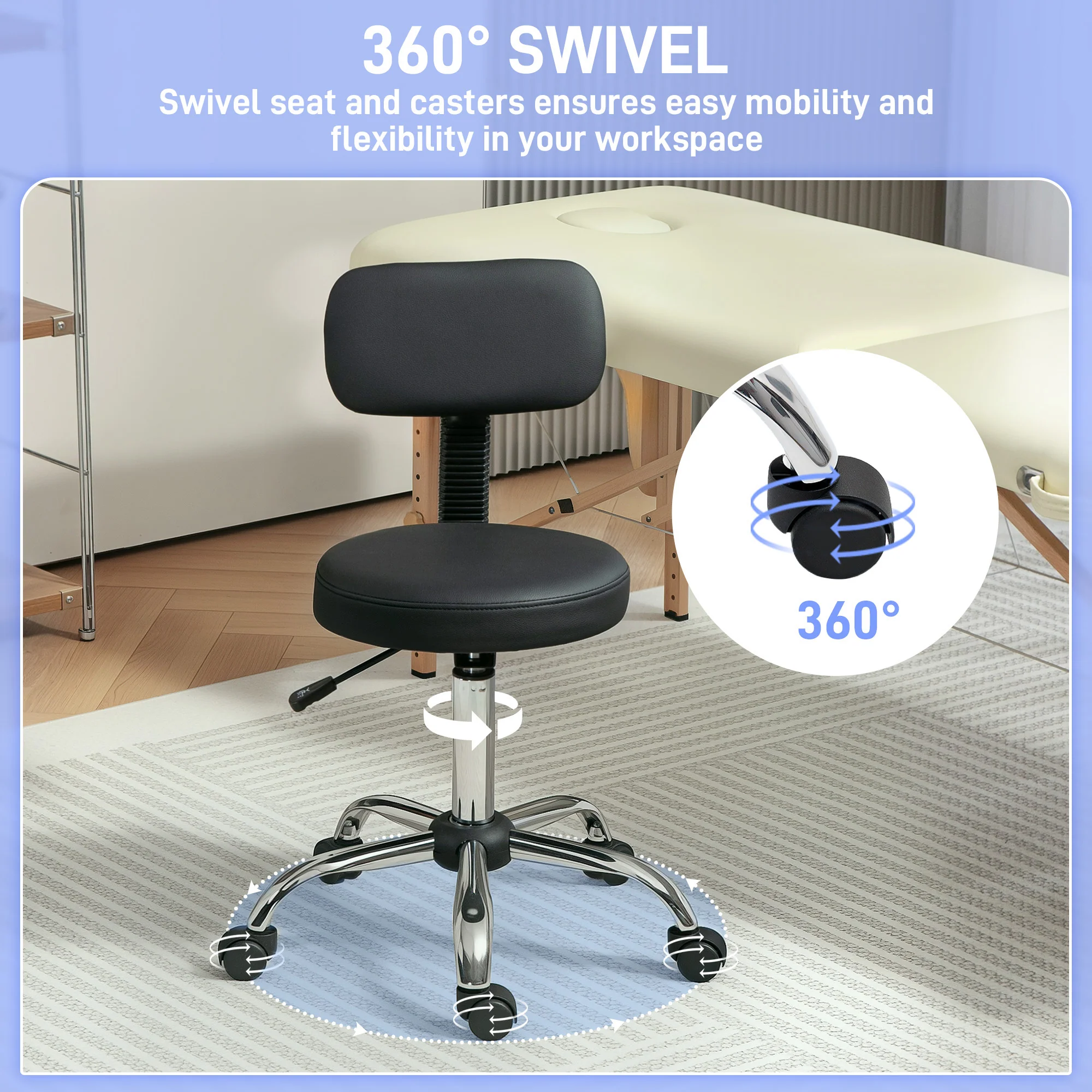 HOMCOM Rolling Stool With Backrest, Wheels, Faux Leather Salon Chair - Image 4