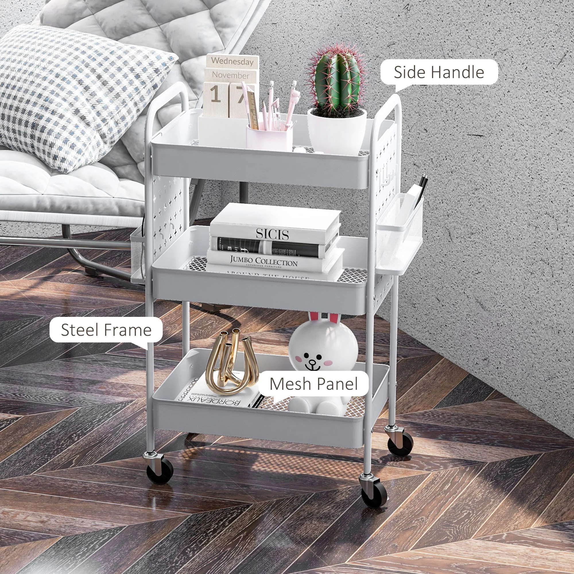 HOMCOM Rolling Utility Cart With 3 Mesh Basket, 2 Boxes, 6 Hooks For Kitchen/Bathroom - Image 6