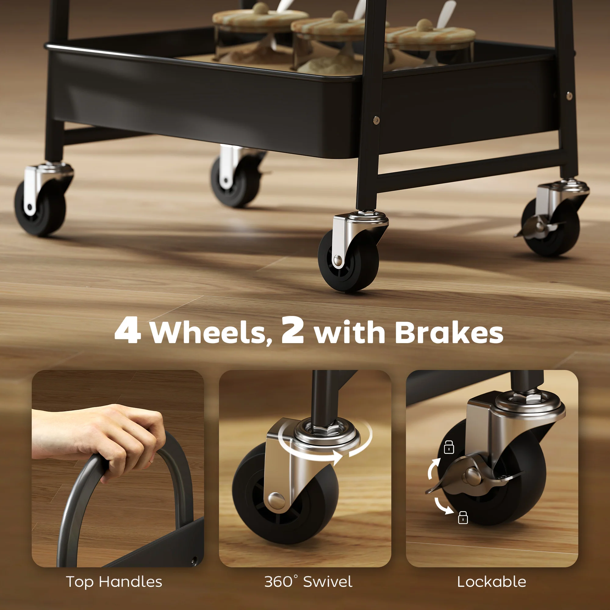 HOMCOM Rolling Utility Cart With Mesh Baskets For Kitchen Rustic Brown Black - Image 6