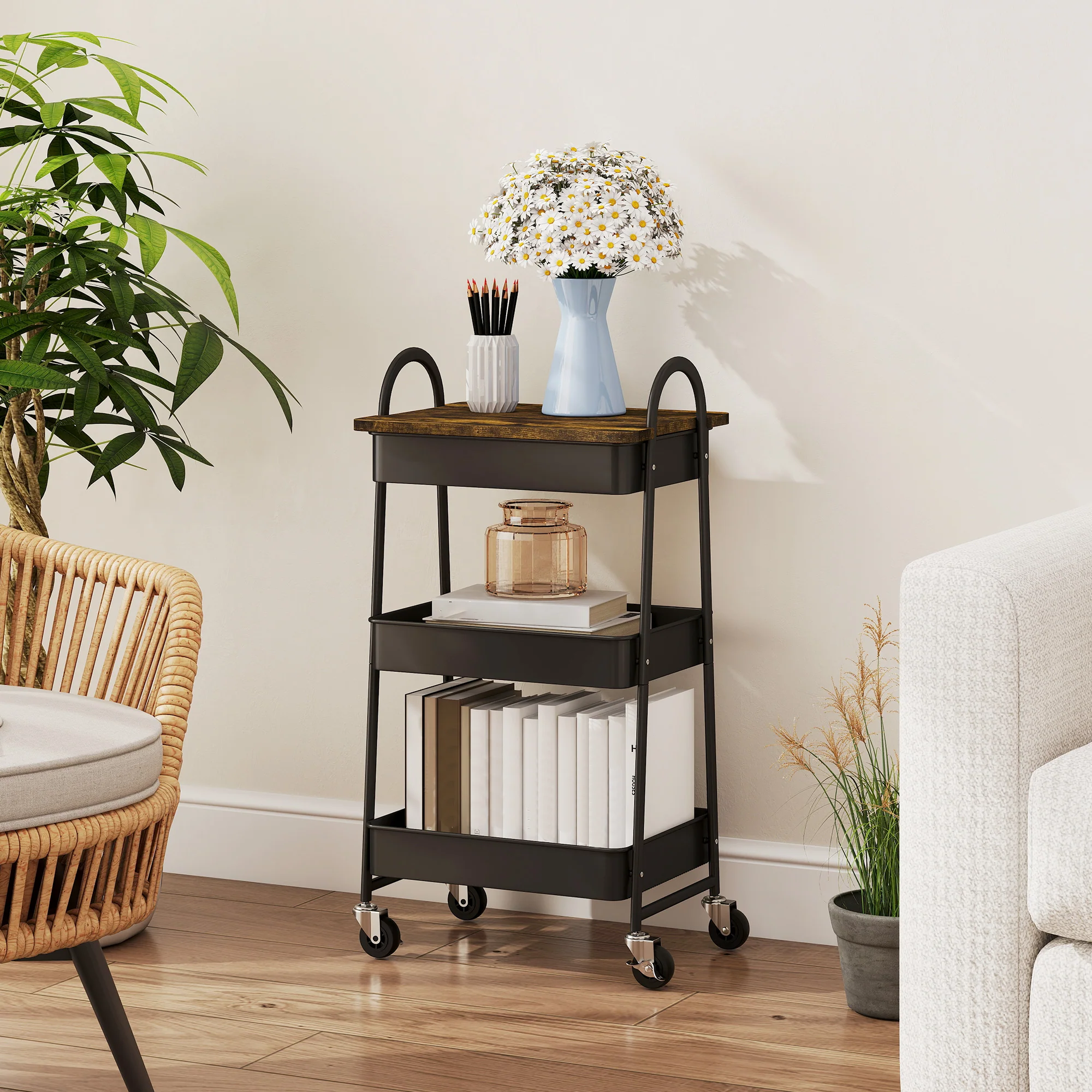 HOMCOM Rolling Utility Cart With Mesh Baskets For Kitchen Rustic Brown Black - Image 8