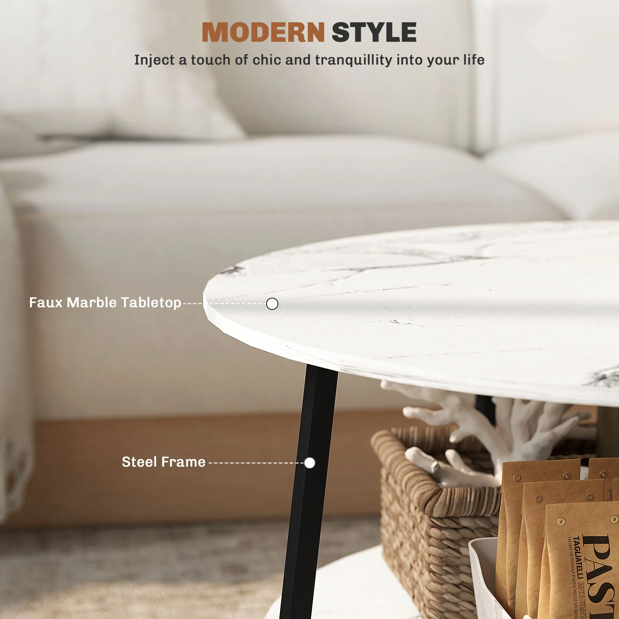 HOMCOM Round Coffee Table With Storage Shelf And Marble Effect Top, White - Image 4