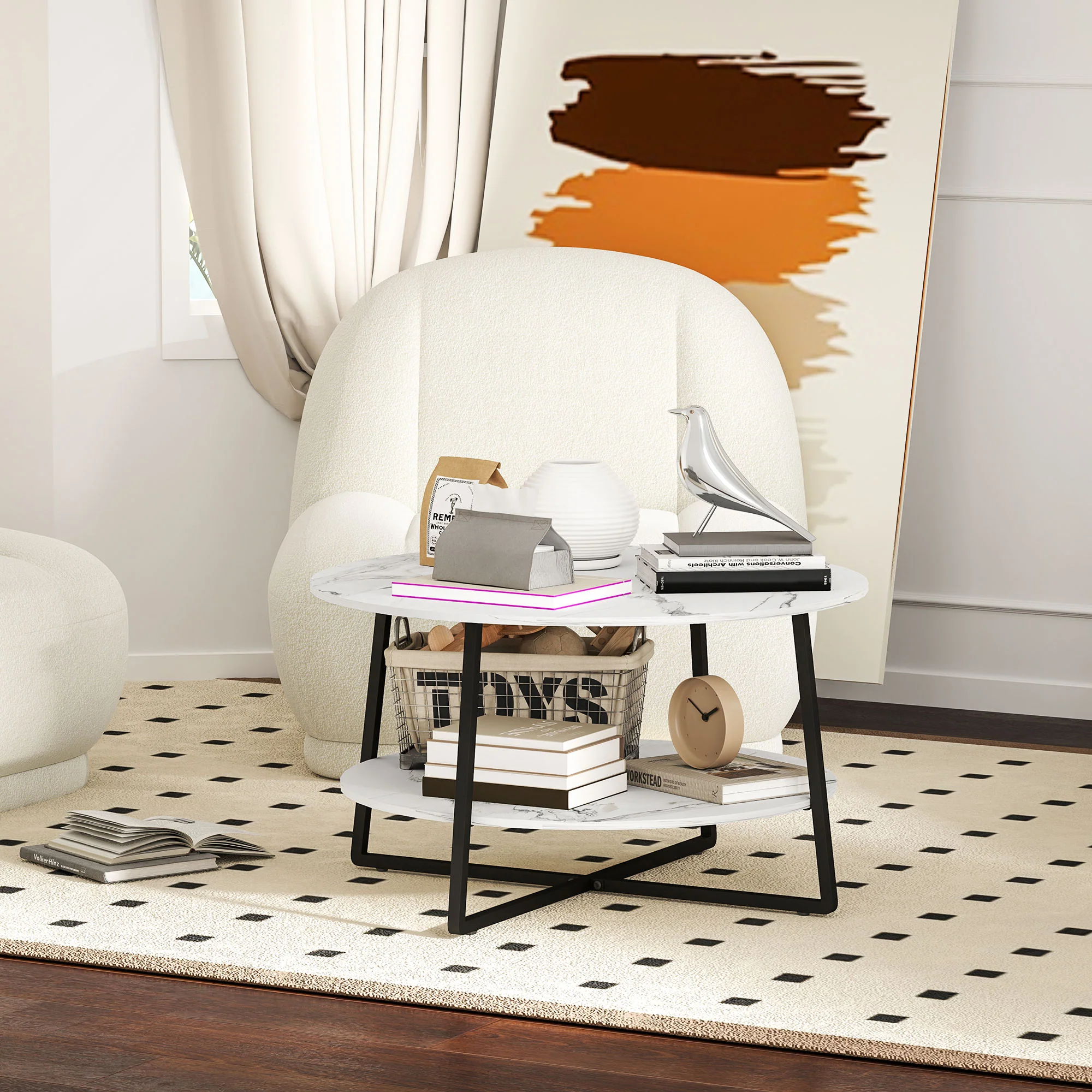 HOMCOM Round Coffee Table With Storage Shelf And Marble Effect Top, White - Image 7