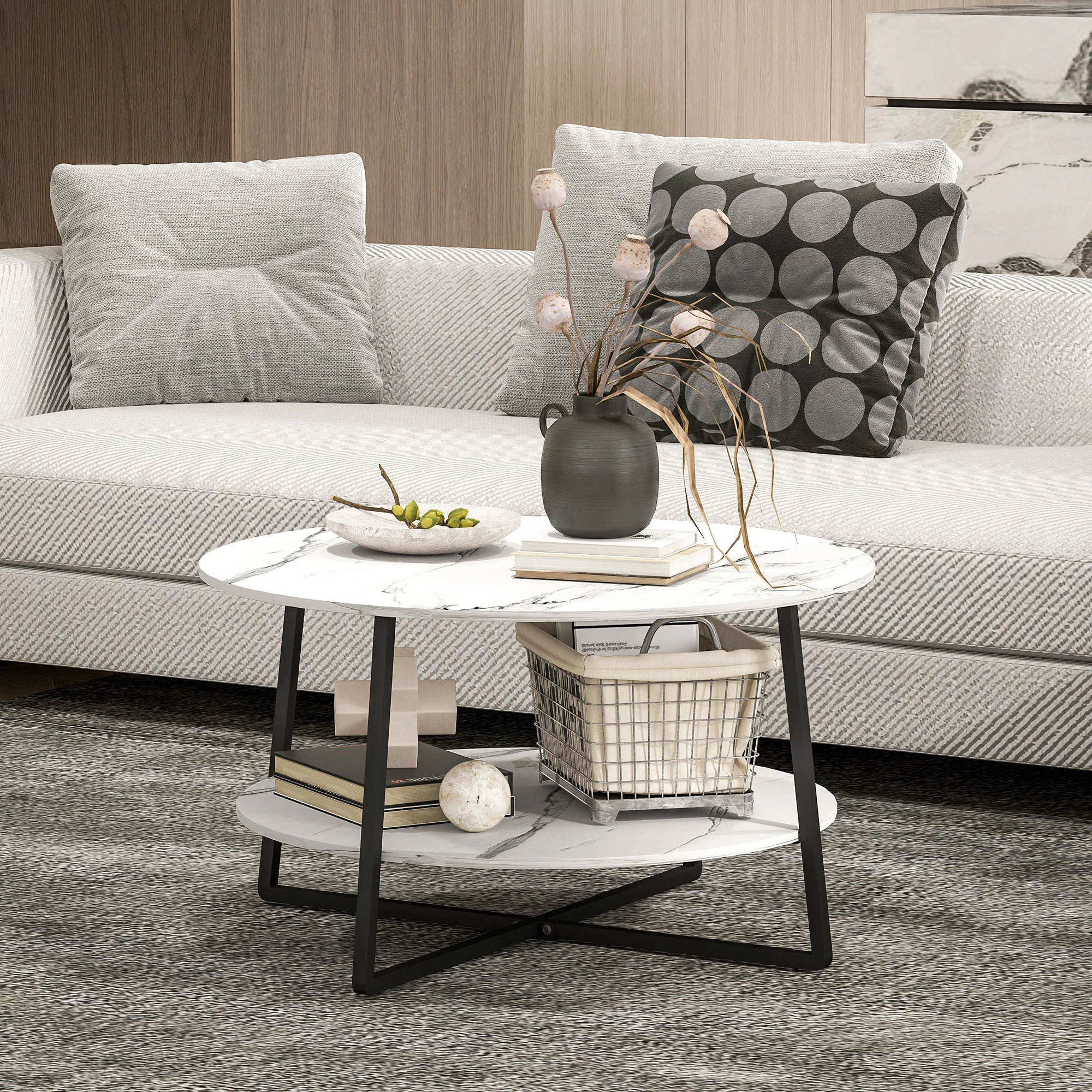 HOMCOM Round Coffee Table With Storage Shelf And Marble Effect Top, White - Image 9