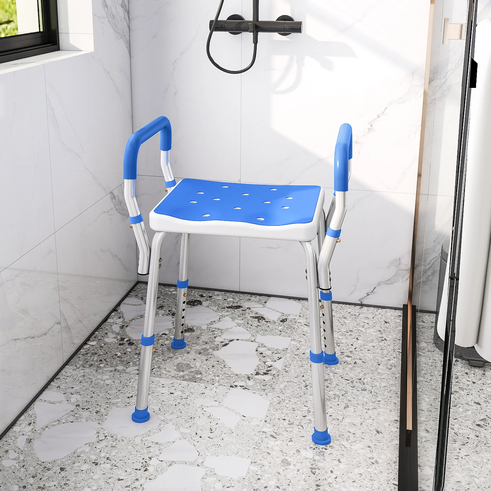 HOMCOM Rust-Free Aluminium Bath Chair With Adjustable Height, Dark Blue - Image 2