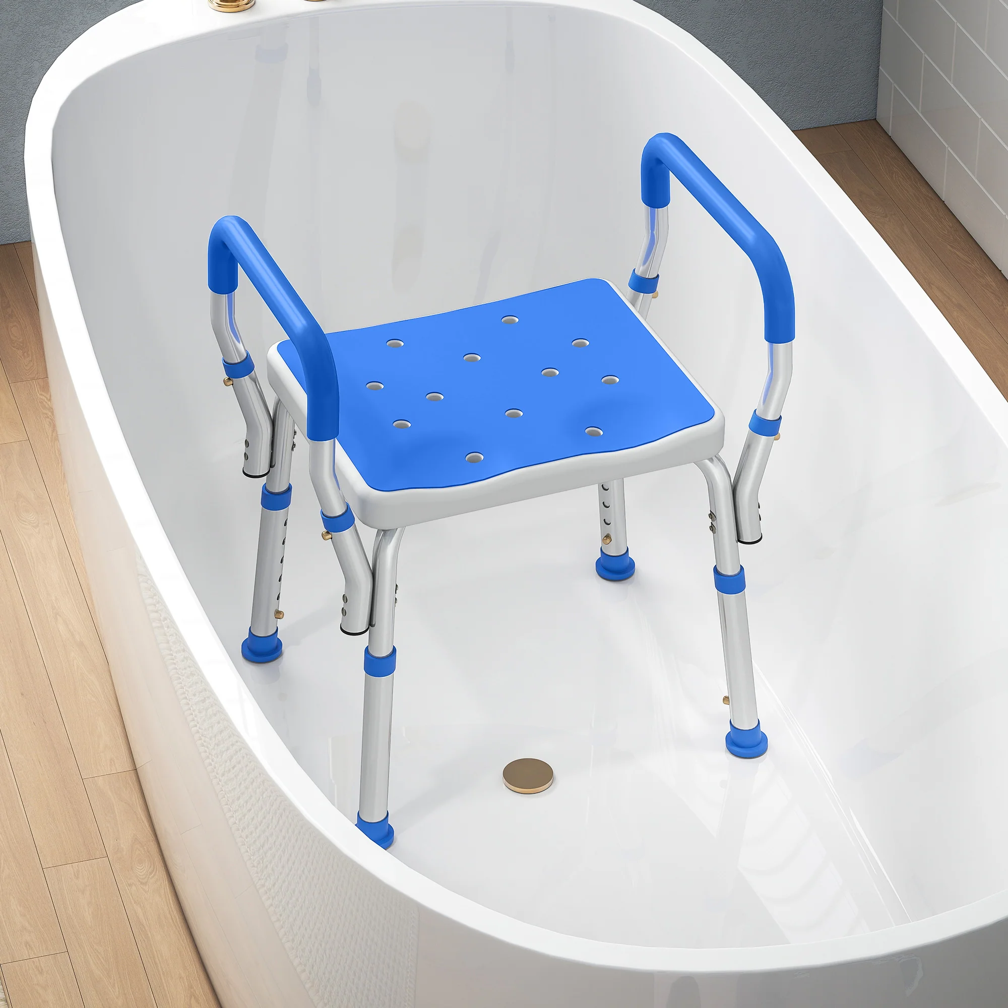 HOMCOM Rust-Free Aluminium Bath Chair With Adjustable Height, Dark Blue - Image 9