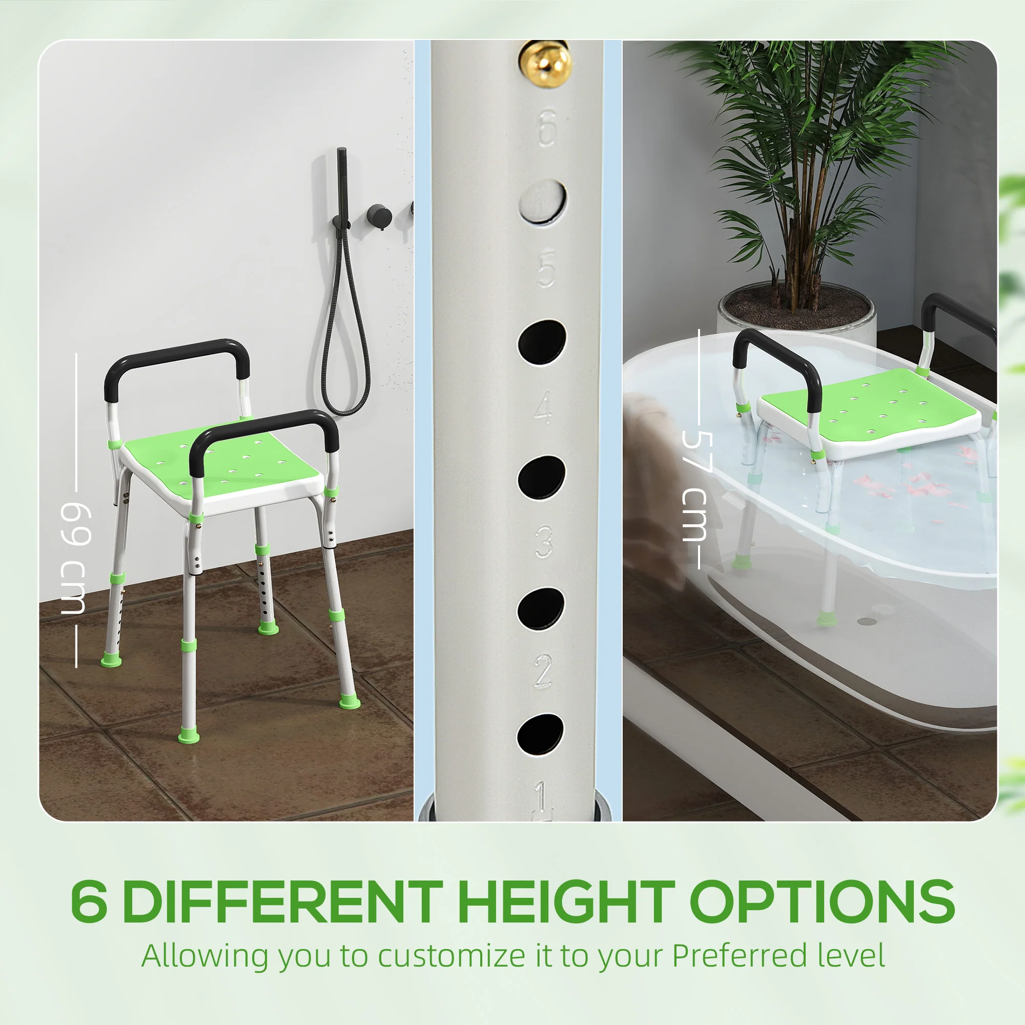 HOMCOM Rust-Free Aluminium Bath Chair With Adjustable Height, Green - Image 4
