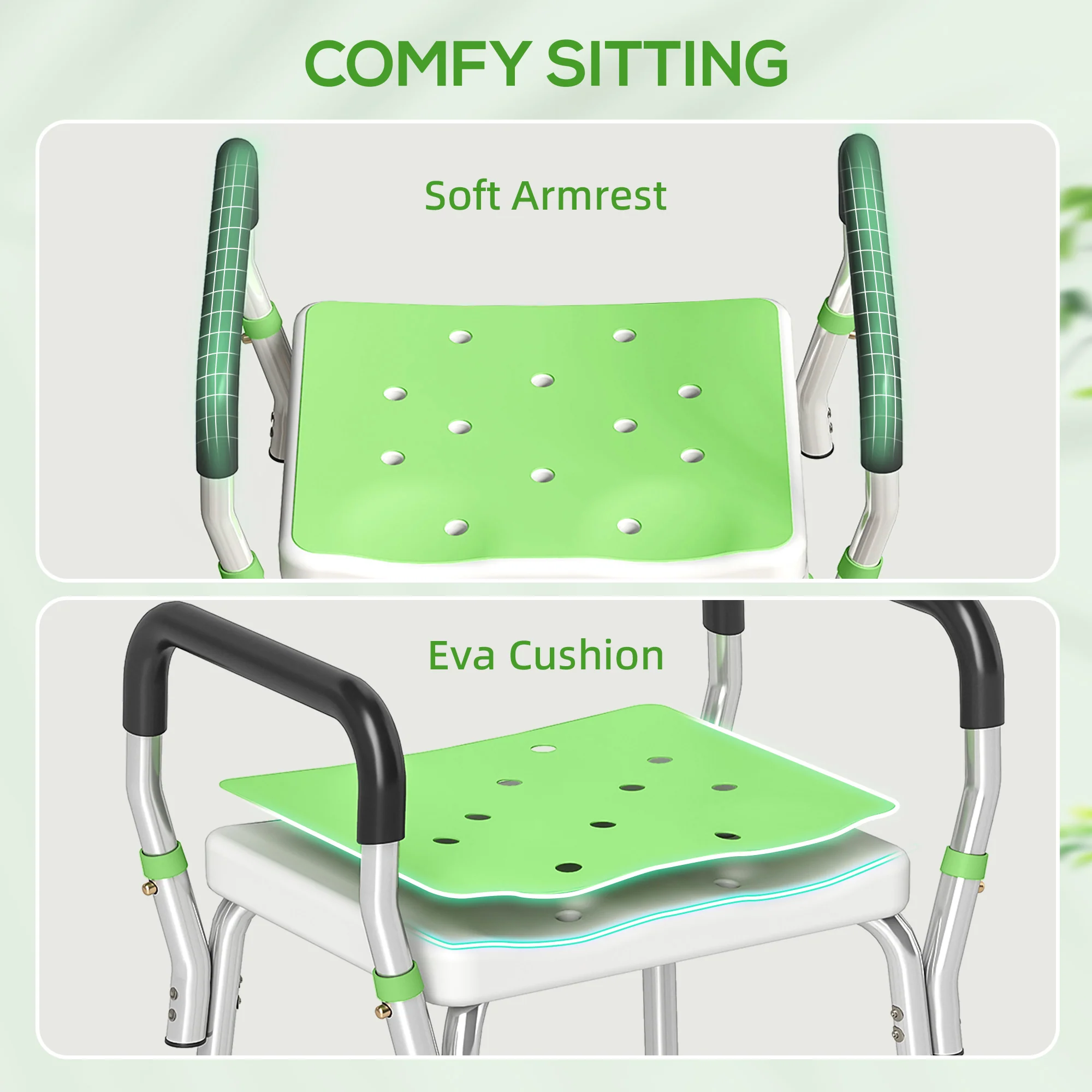 HOMCOM Rust-Free Aluminium Bath Chair With Adjustable Height, Green - Image 5