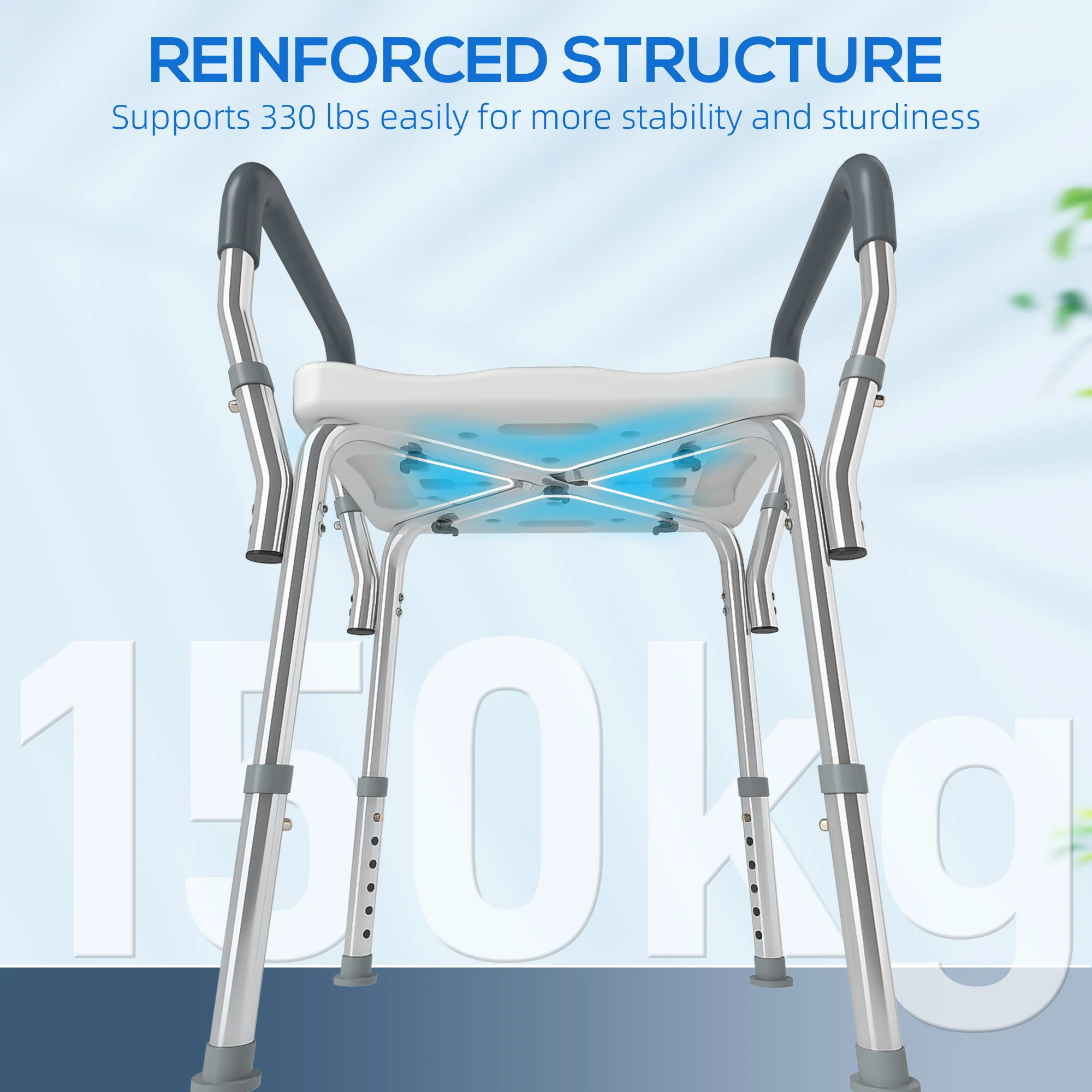 HOMCOM Rust-Free Aluminium Bath Chair With Adjustable Height, Grey - Image 6