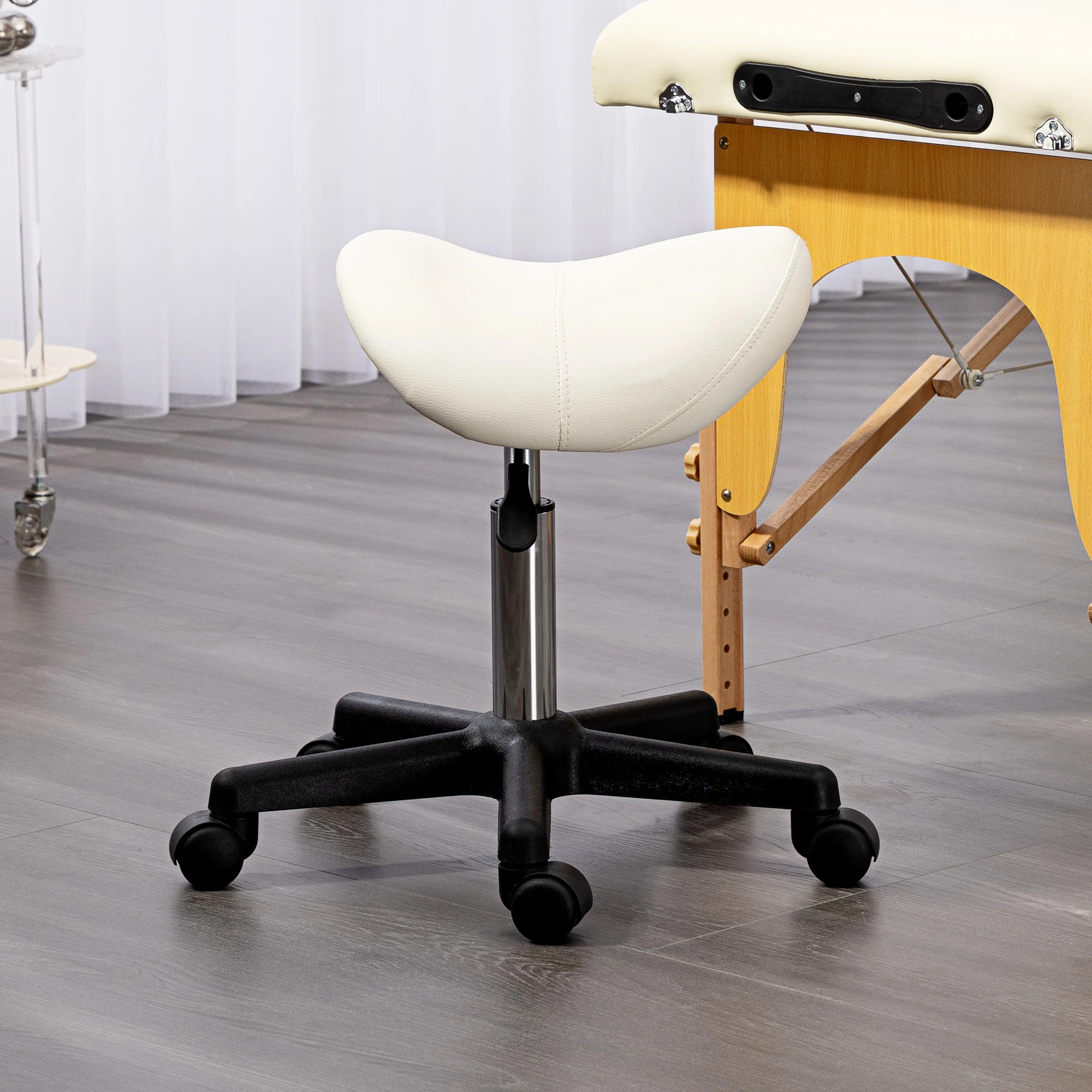 HOMCOM Saddle Stool Adjustable Rolling Salon Chair for Massage Spa Beauty White - Image 8