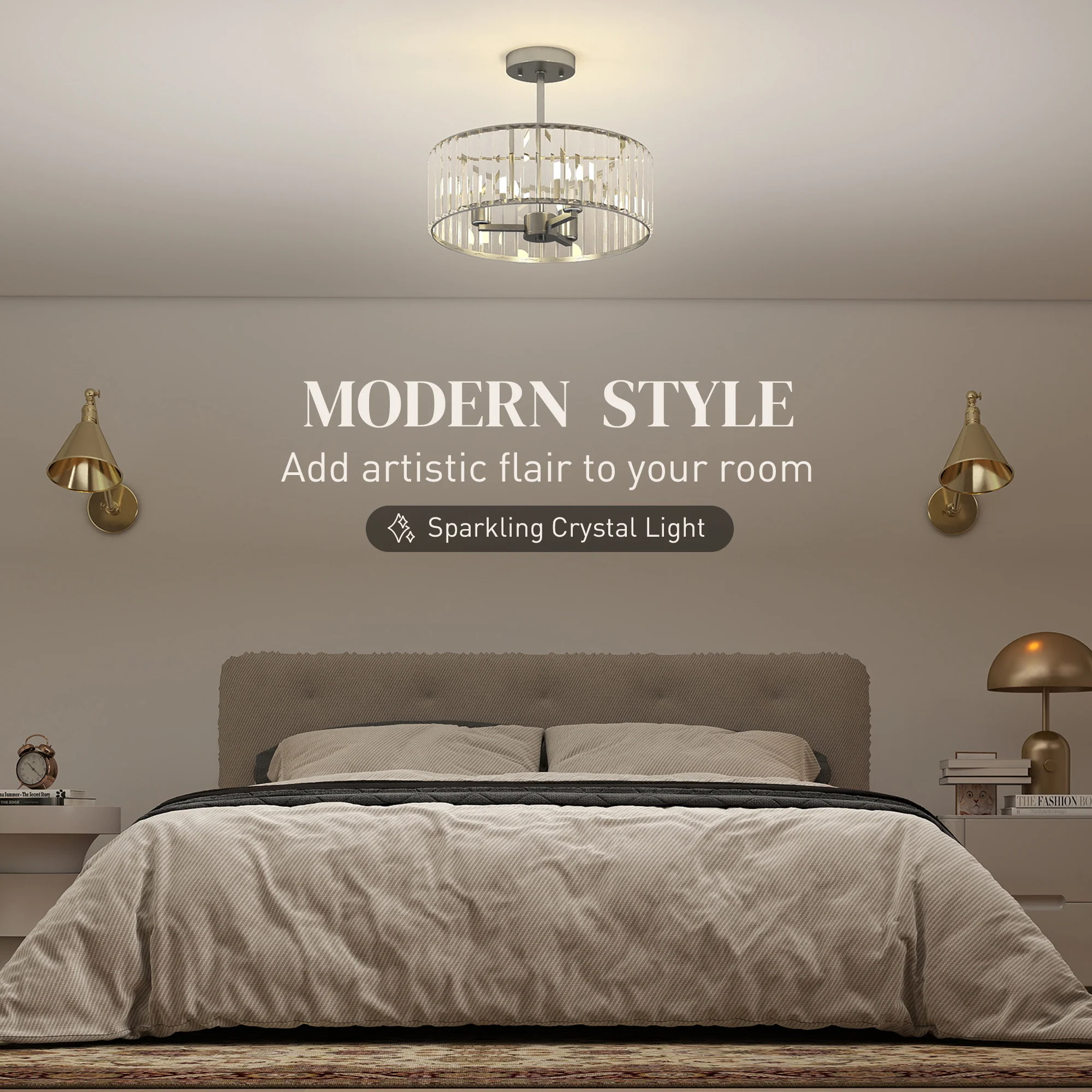 HOMCOM Semi Flush Mount Modern Crystal Chandelier Ceiling Light - Image 12