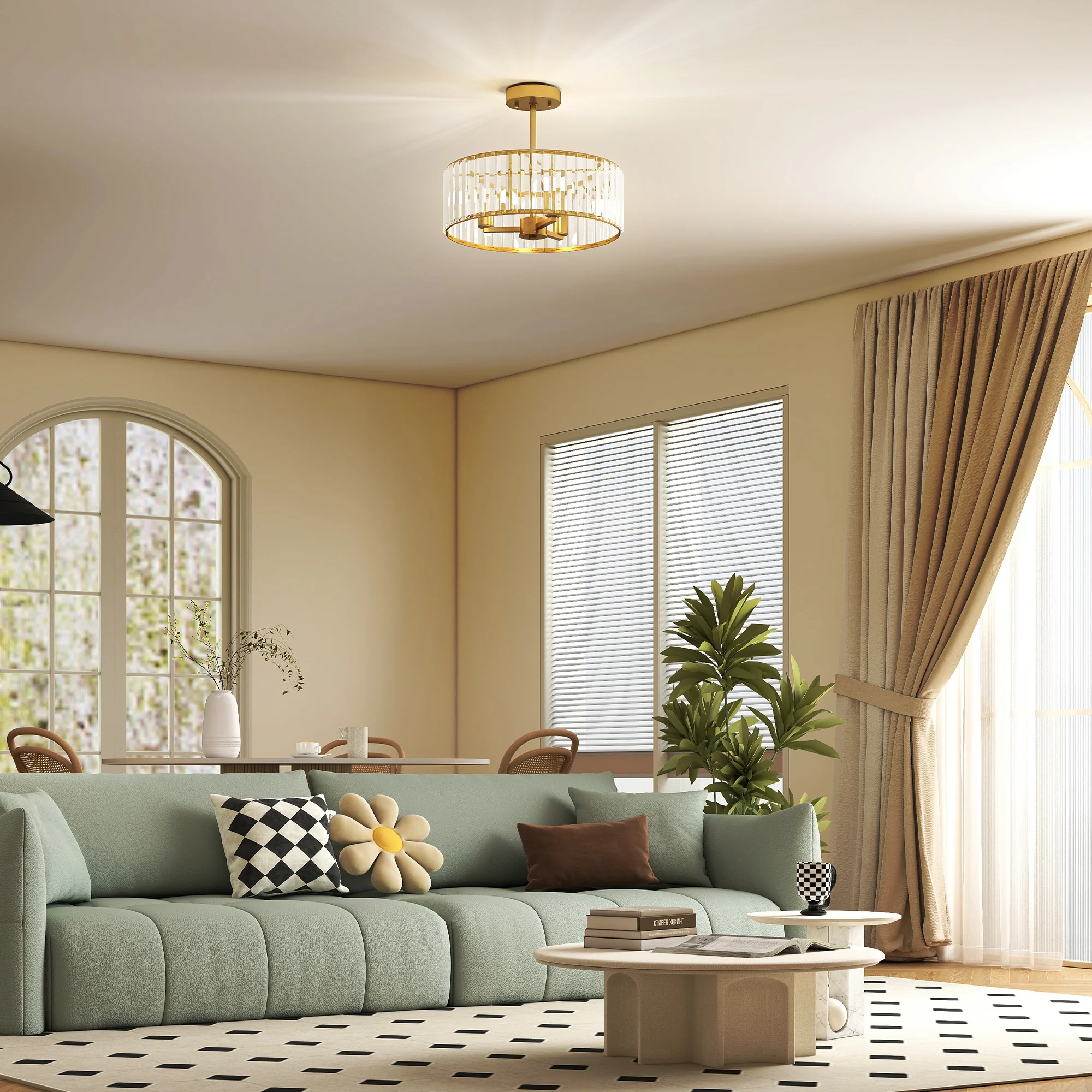 HOMCOM Semi Flush Mount Modern Crystal Chandelier Ceiling Light - Image 2