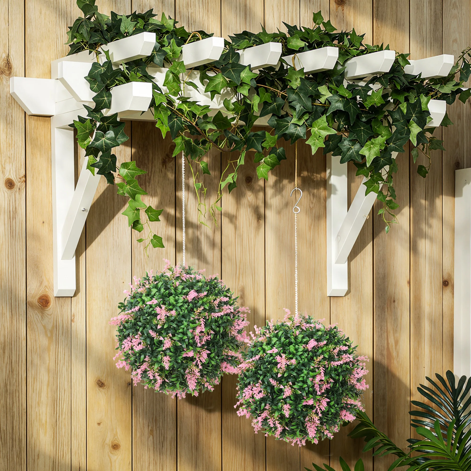 HOMCOM Set Of 2 Artificial Plant Topiary Balls, Faux Plants, Pink - Image 7