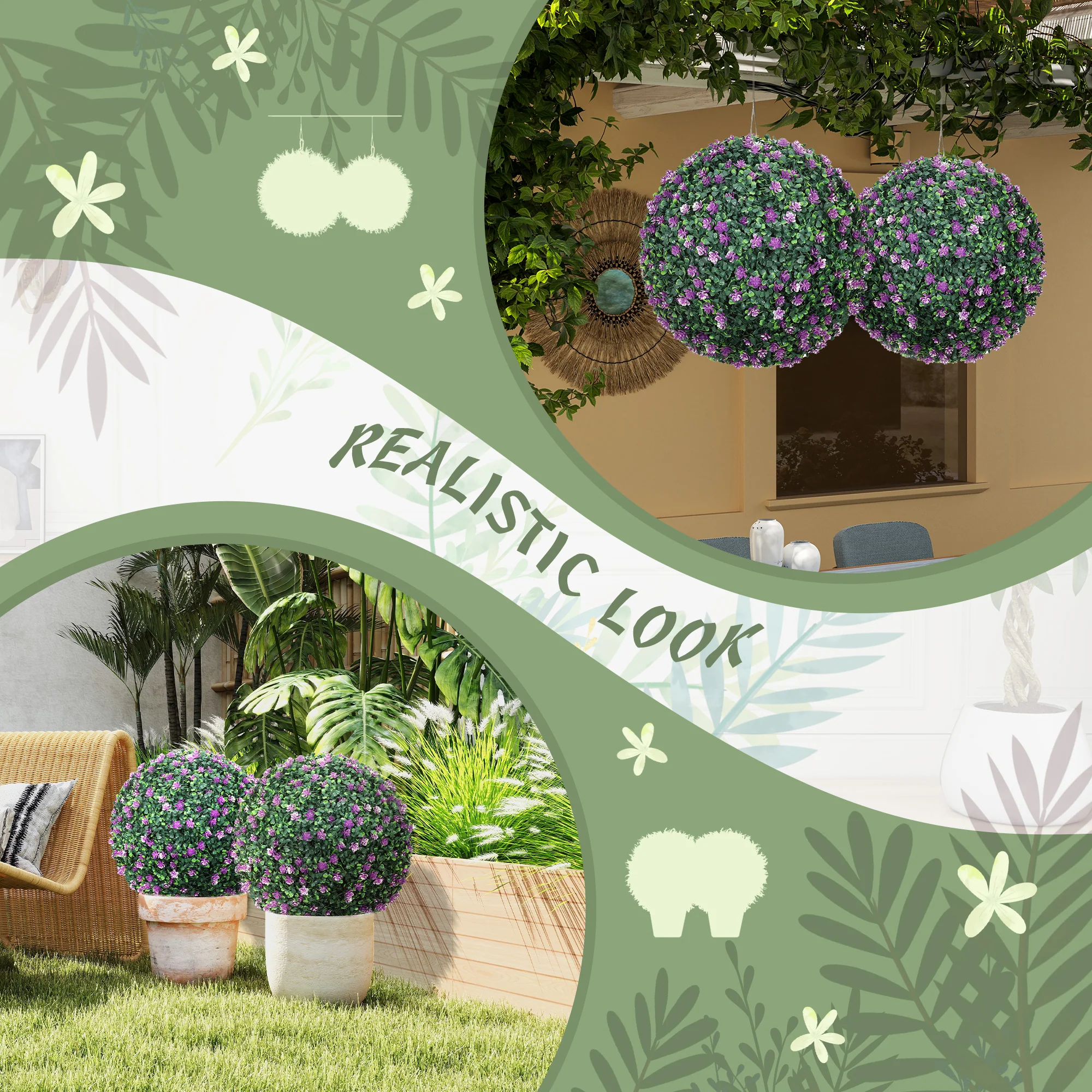 HOMCOM Set Of 2 Artificial Topiary Balls Indoor Outdoor Faux Boxwood Balls - Image 3