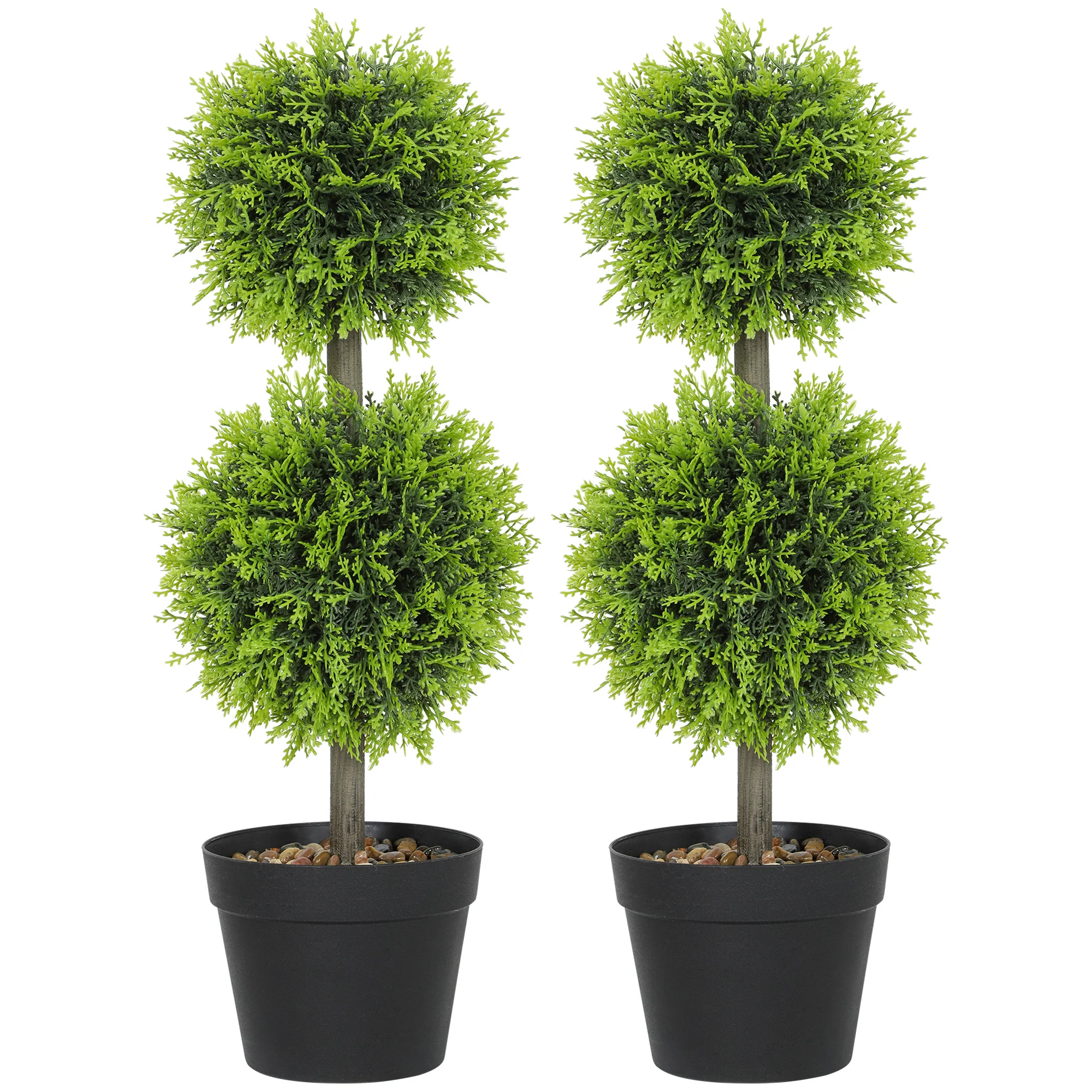 HOMCOM Set Of 2 Artificial Topiary Cypress Ball Trees With Pot And Pebbles