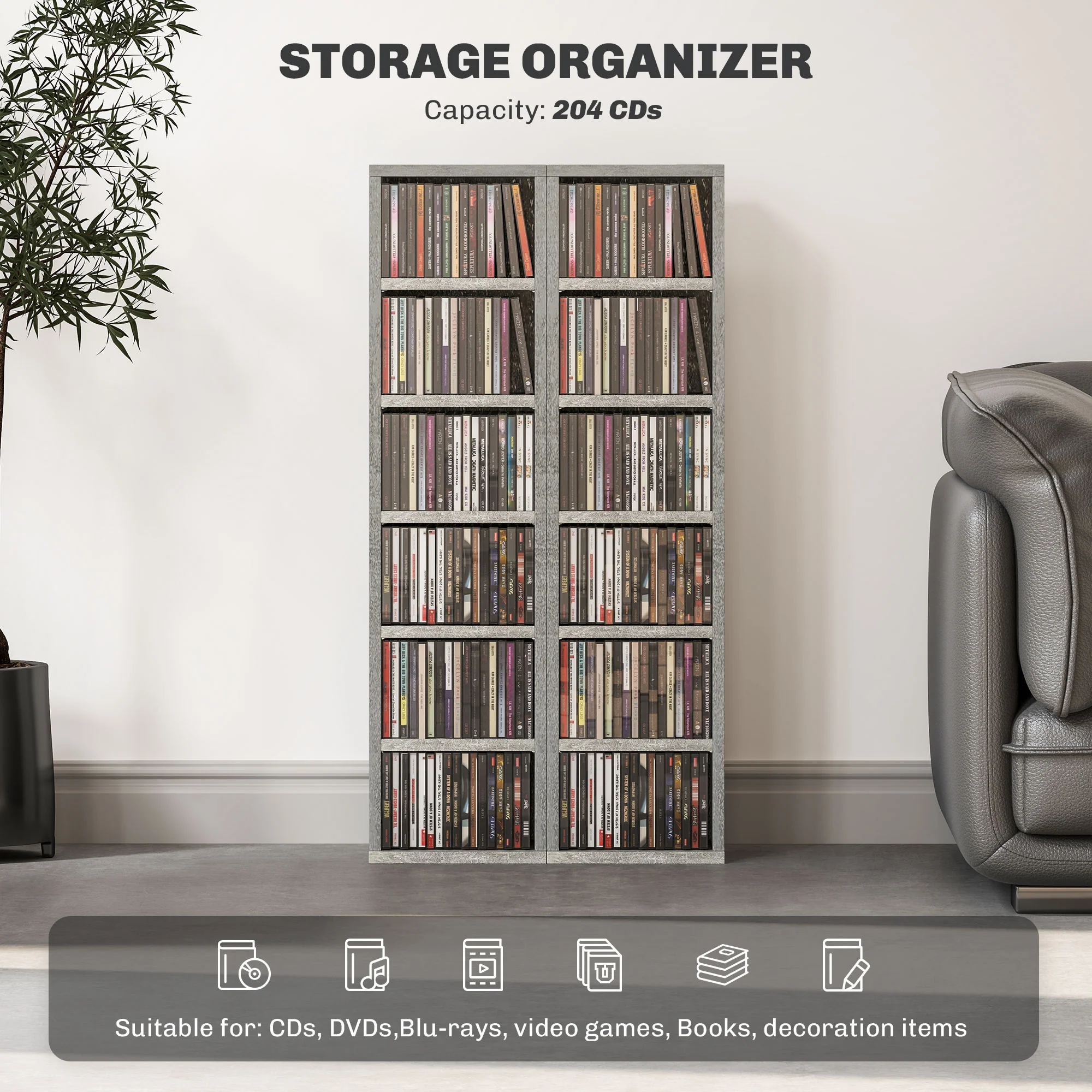HOMCOM Set Of 2 CD Storage Units With Adjustable Shelves Cement Grey - Image 3