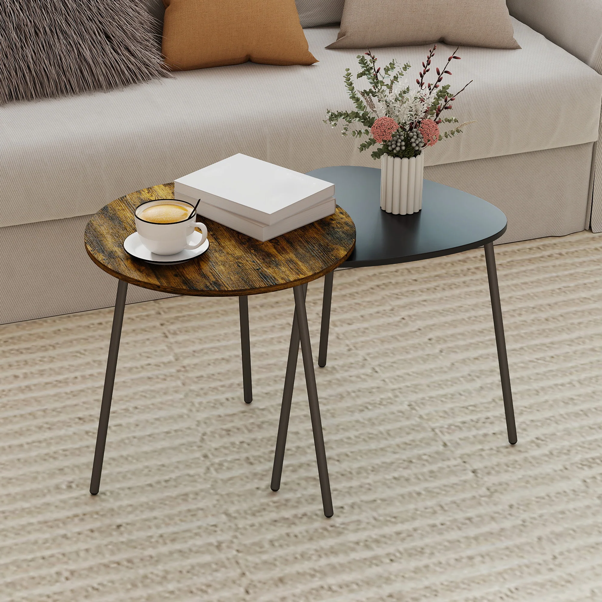 HOMCOM Set Of 2 Nesting Side Table With Metal Frame, Rustic Brown - Image 2