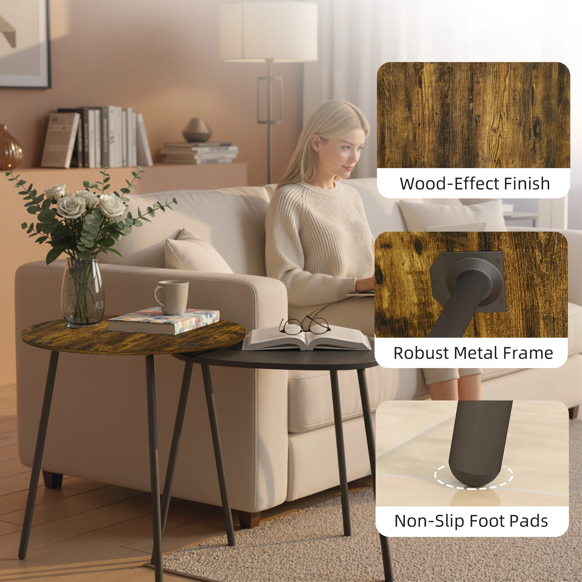 HOMCOM Set Of 2 Nesting Side Table With Metal Frame, Rustic Brown - Image 4
