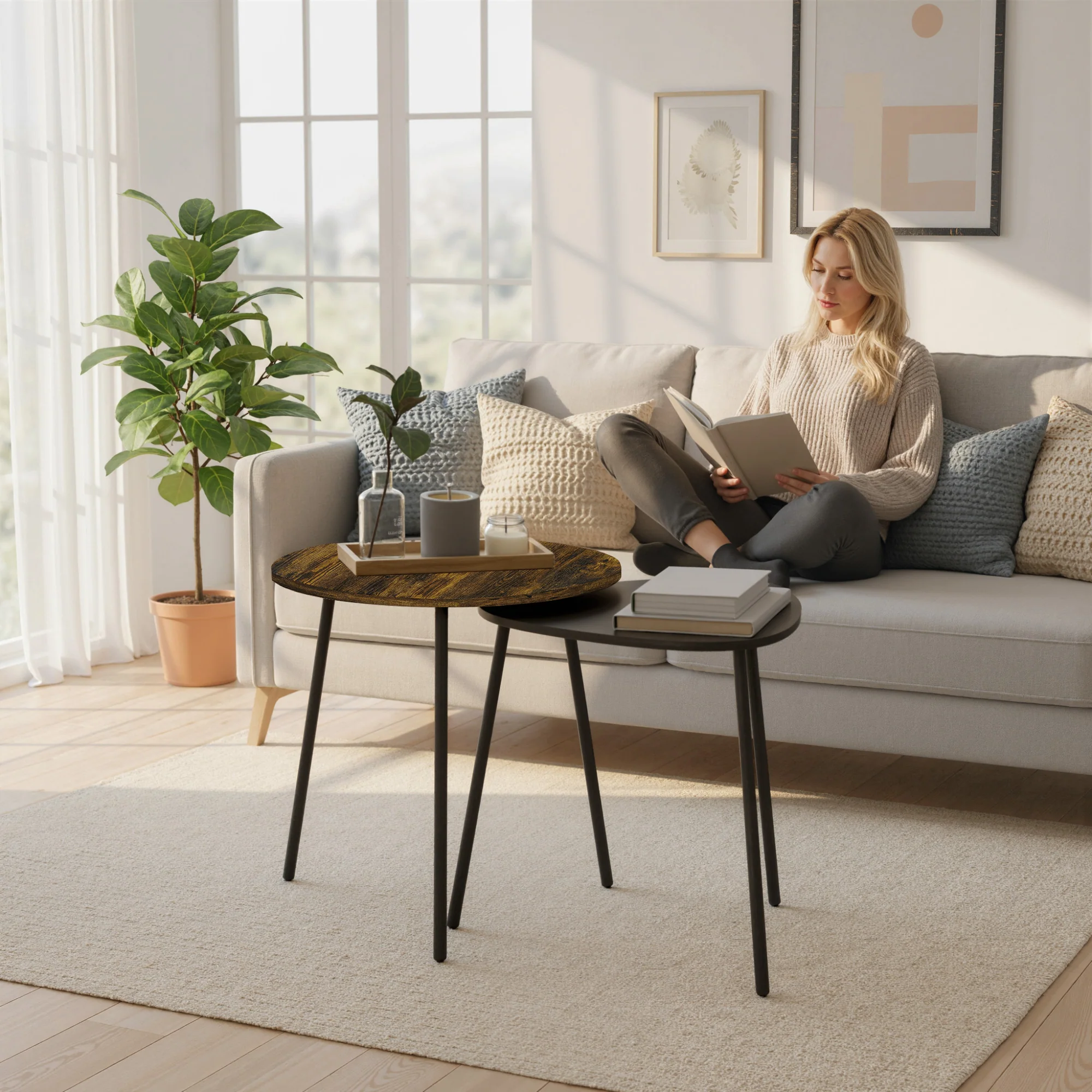 HOMCOM Set Of 2 Nesting Side Table With Metal Frame, Rustic Brown - Image 9