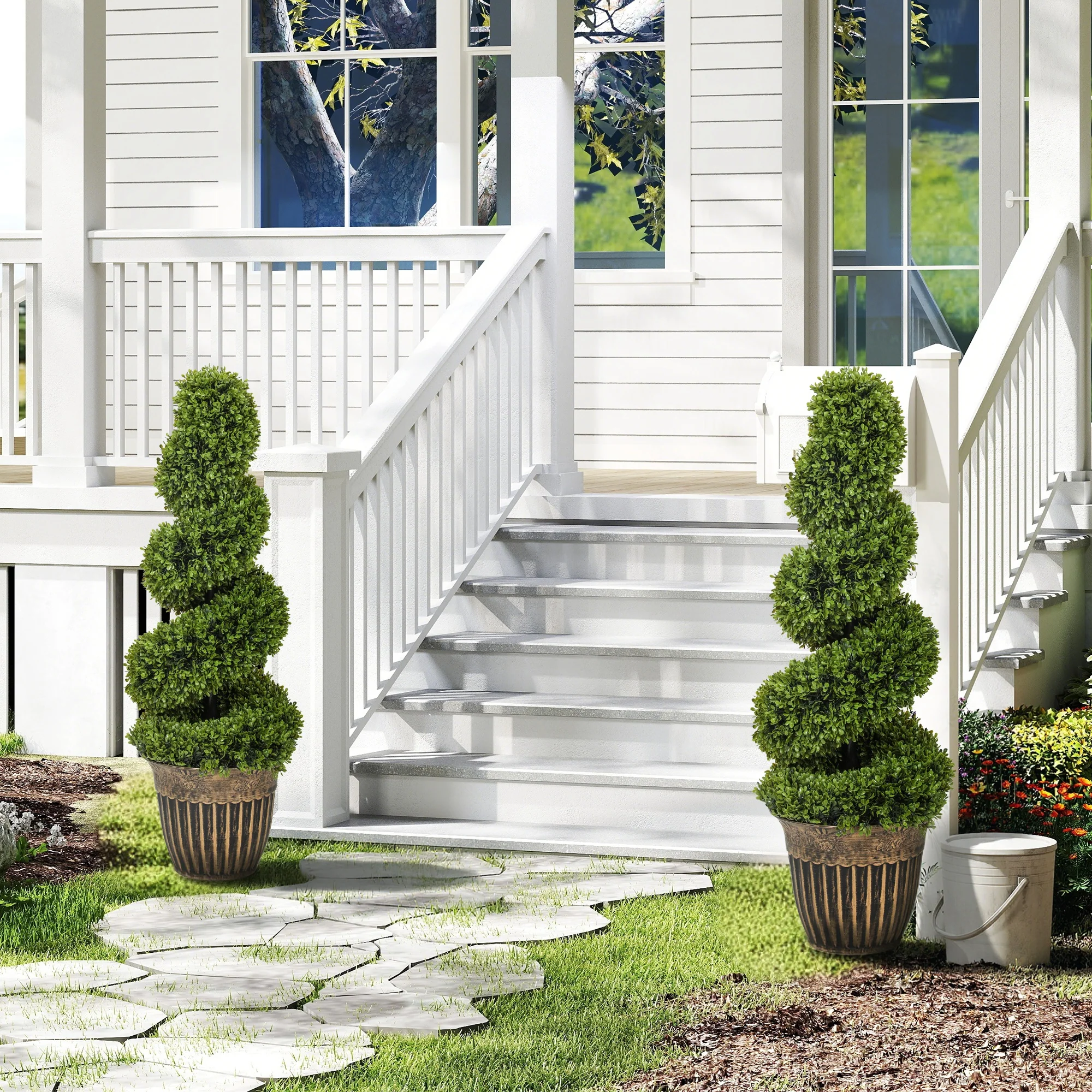 HOMCOM Set Of 2 Potted Artificial Plants, Topiary Spiral Boxwood Trees, 90cm - Image 2