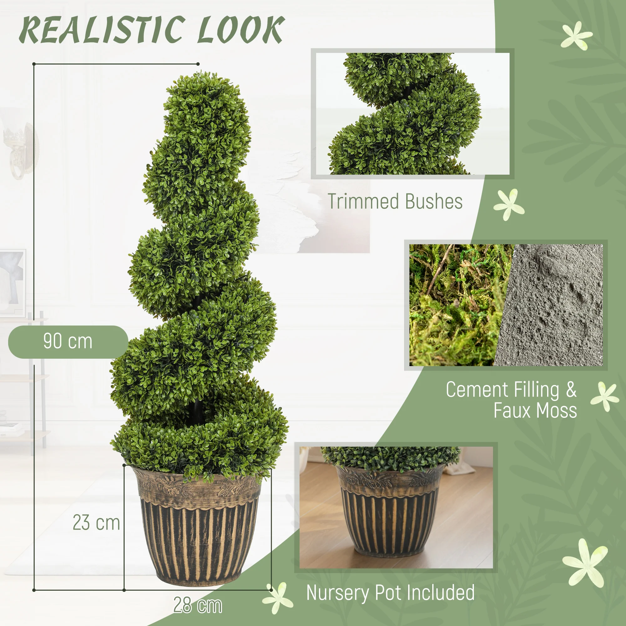 HOMCOM Set Of 2 Potted Artificial Plants, Topiary Spiral Boxwood Trees, 90cm - Image 3