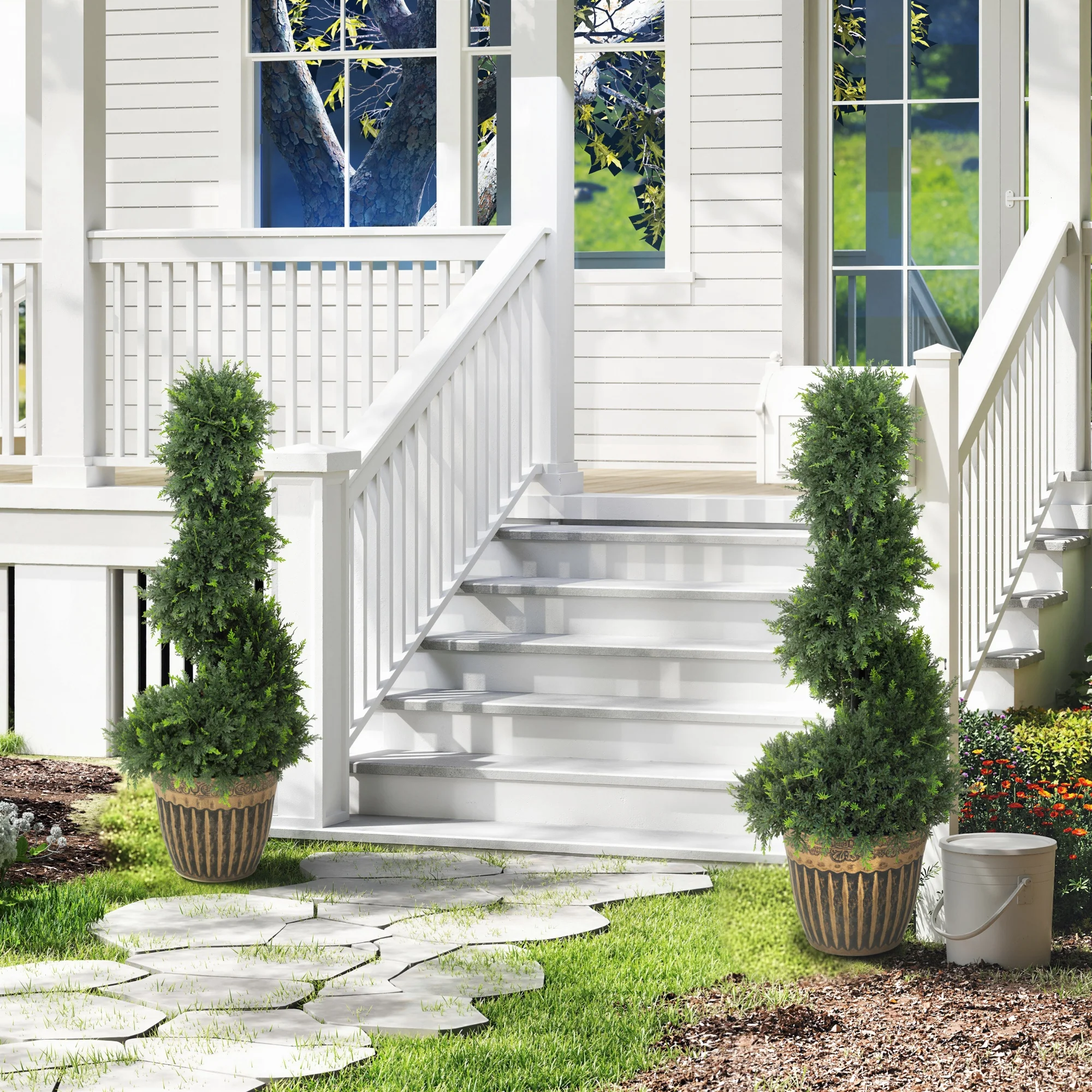HOMCOM Set Of 2 Potted Artificial Plants, Topiary Spiral Cypress Trees, 90cm - Image 7
